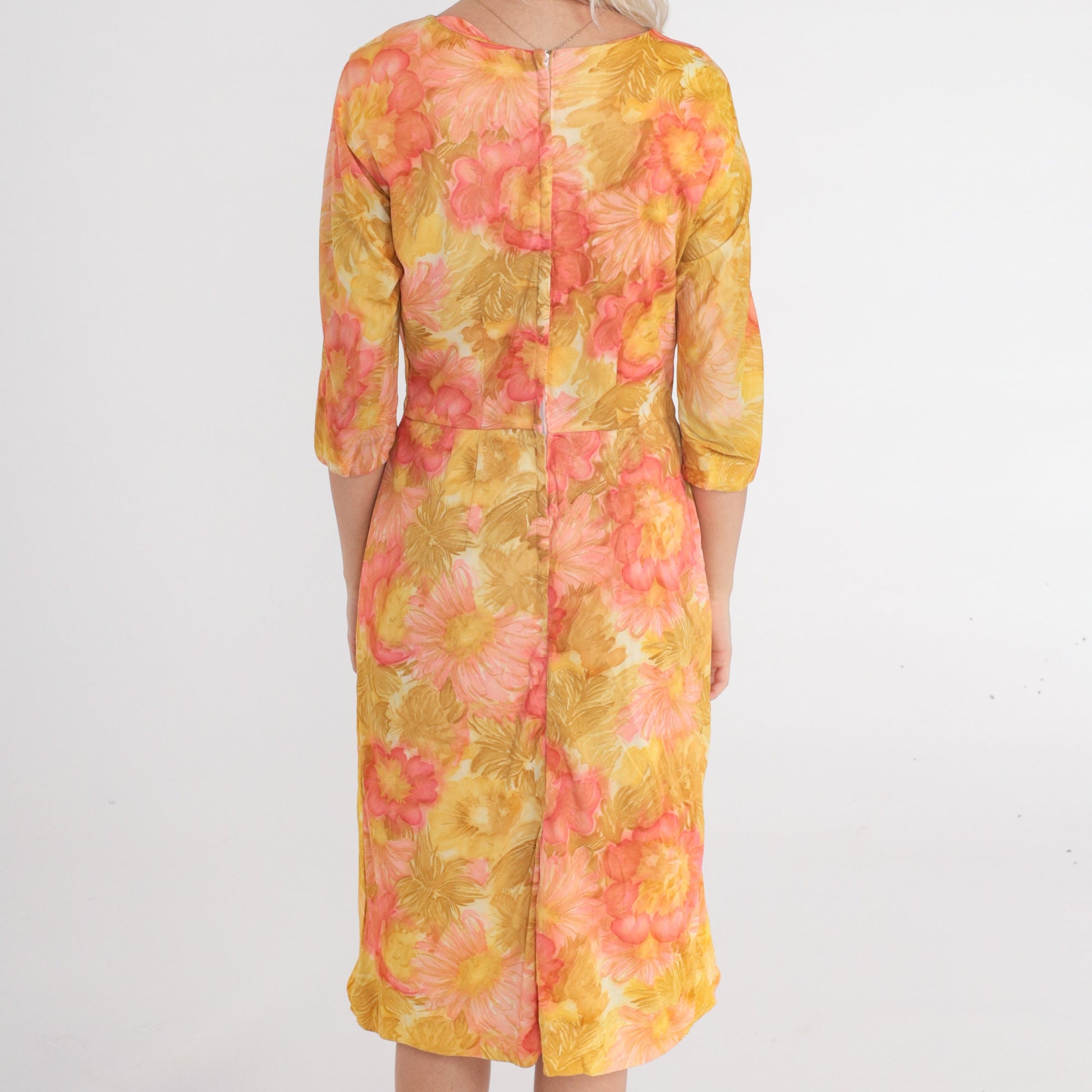 1960s Floral Watercolor Print Dress High Waist 3/4 Sleeve Midi Yellow Green Small