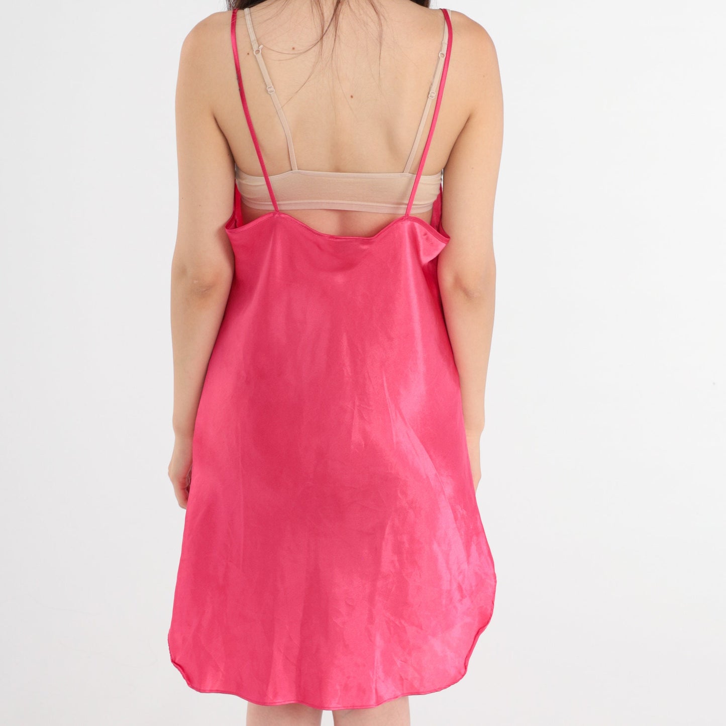 90s Pink Satin Slip Dress Floral Lace Mini Nightgown Spaghetti Strap Medium
