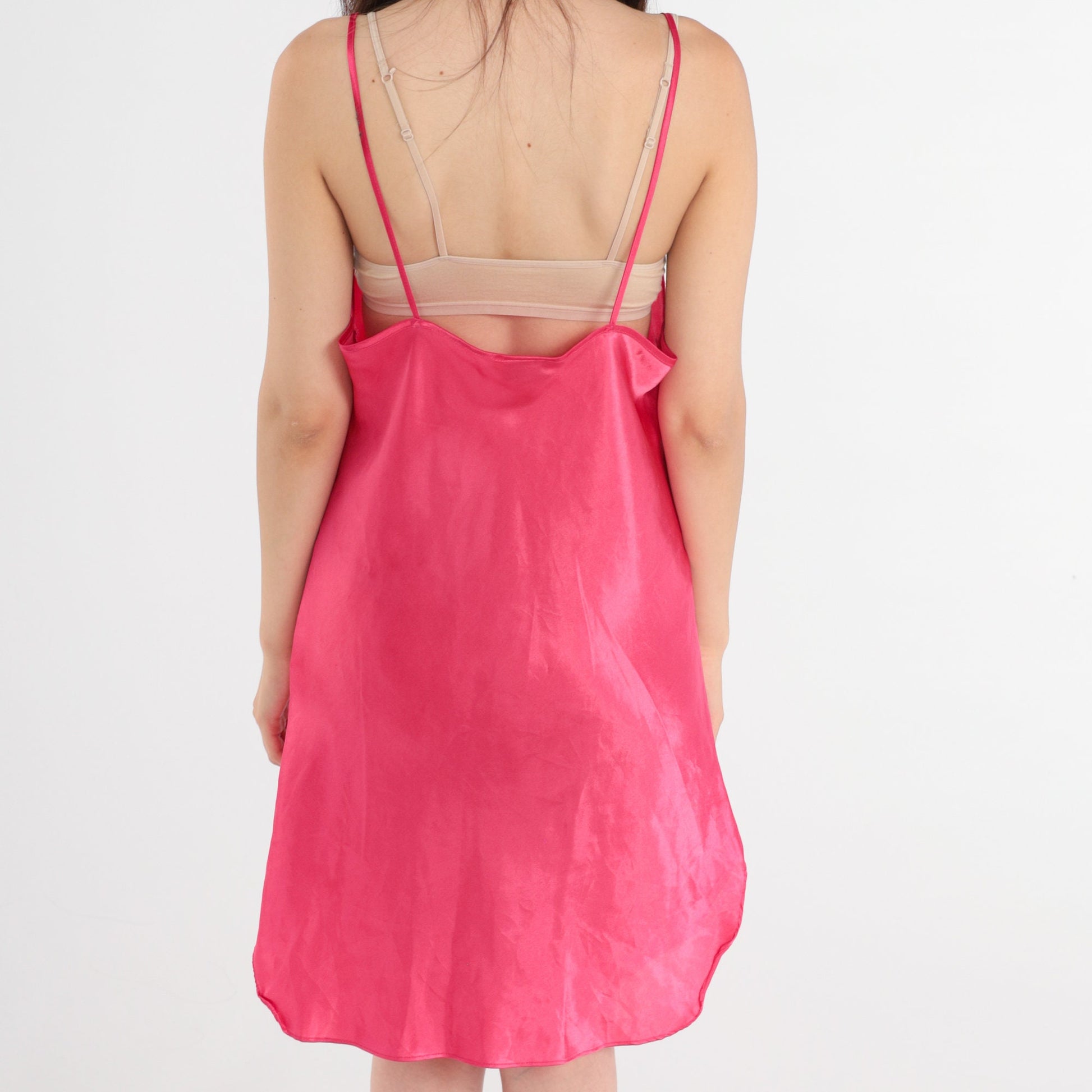 90s Pink Satin Slip Dress Floral Lace Mini Nightgown Spaghetti Strap Medium