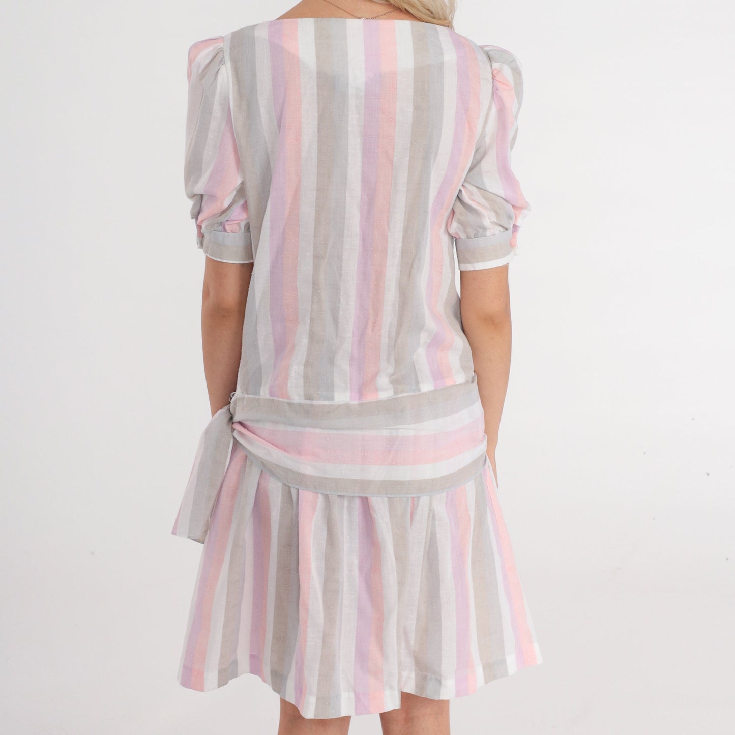 80s Striped Mini Dress Puff Sleeve Drop Waist Tie Side Pink Purple Small