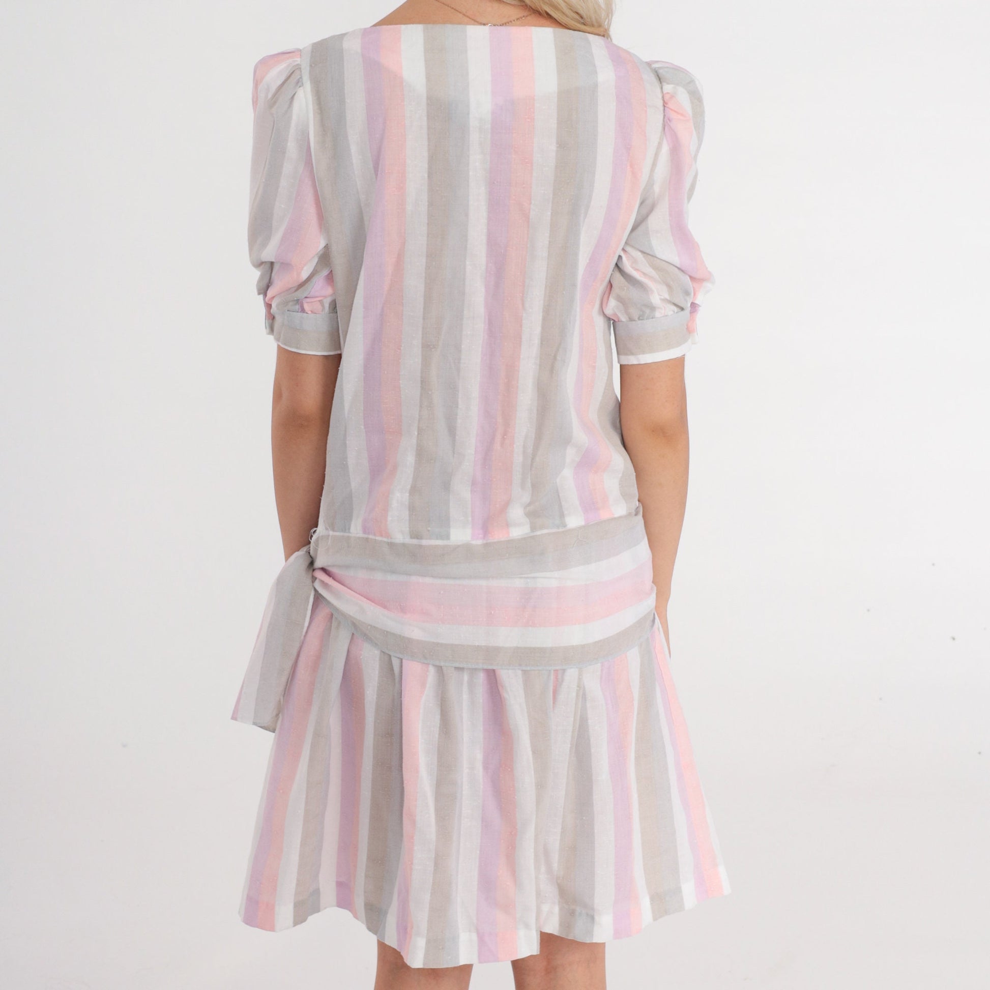 80s Striped Mini Dress Puff Sleeve Drop Waist Tie Side Pink Purple Small