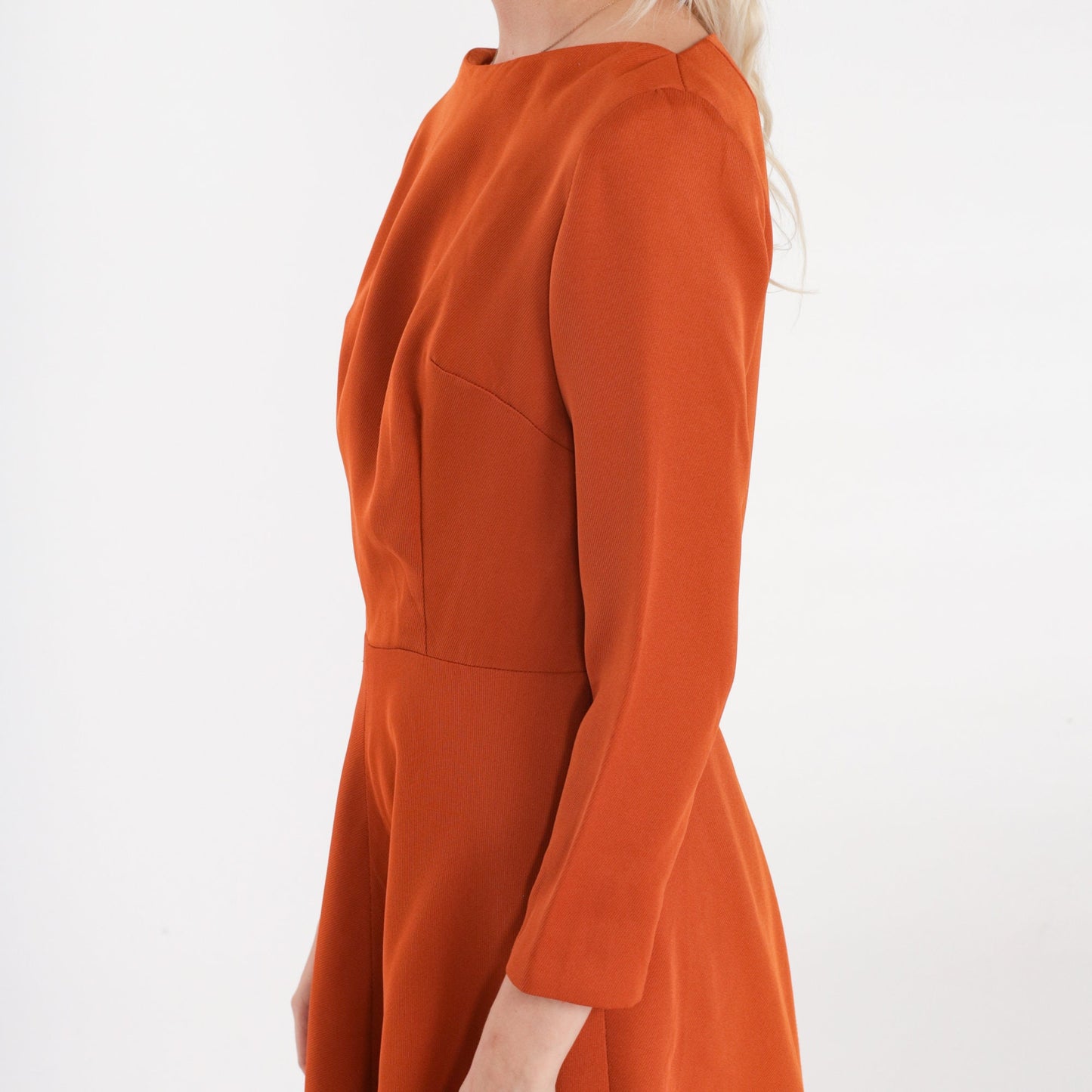 70s Burnt Orange Mini Dress Boat Neck Long Sleeve Flared Small