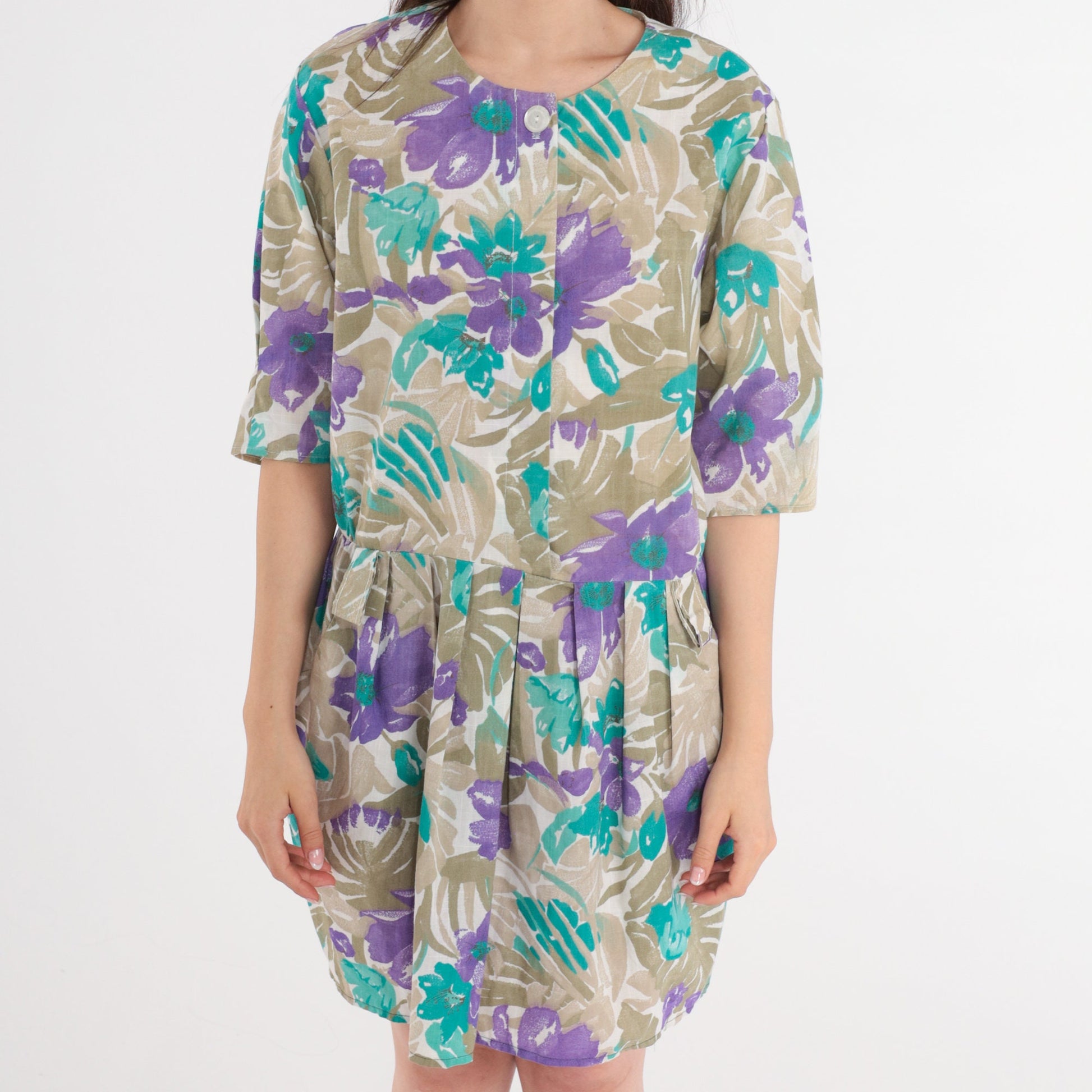 80s Floral Mini Dress Button Front Pleated Pockets Khaki Purple Large