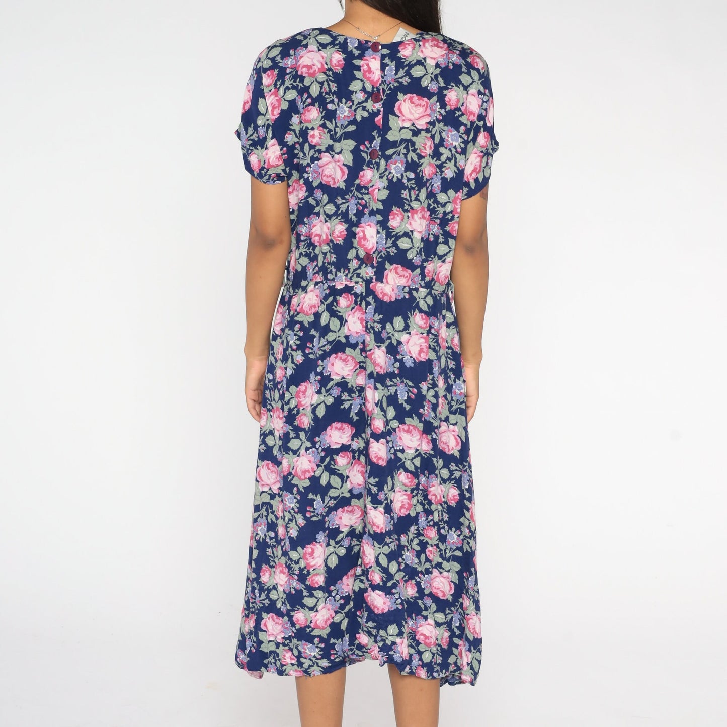 90s Paquette Too Floral Midi Dress Blue Rose Print Low Waist Medium