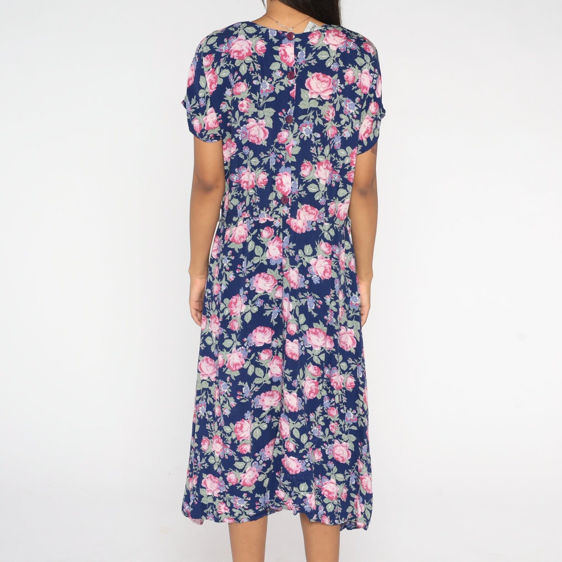 90s Paquette Too Floral Midi Dress Blue Rose Print Low Waist Medium