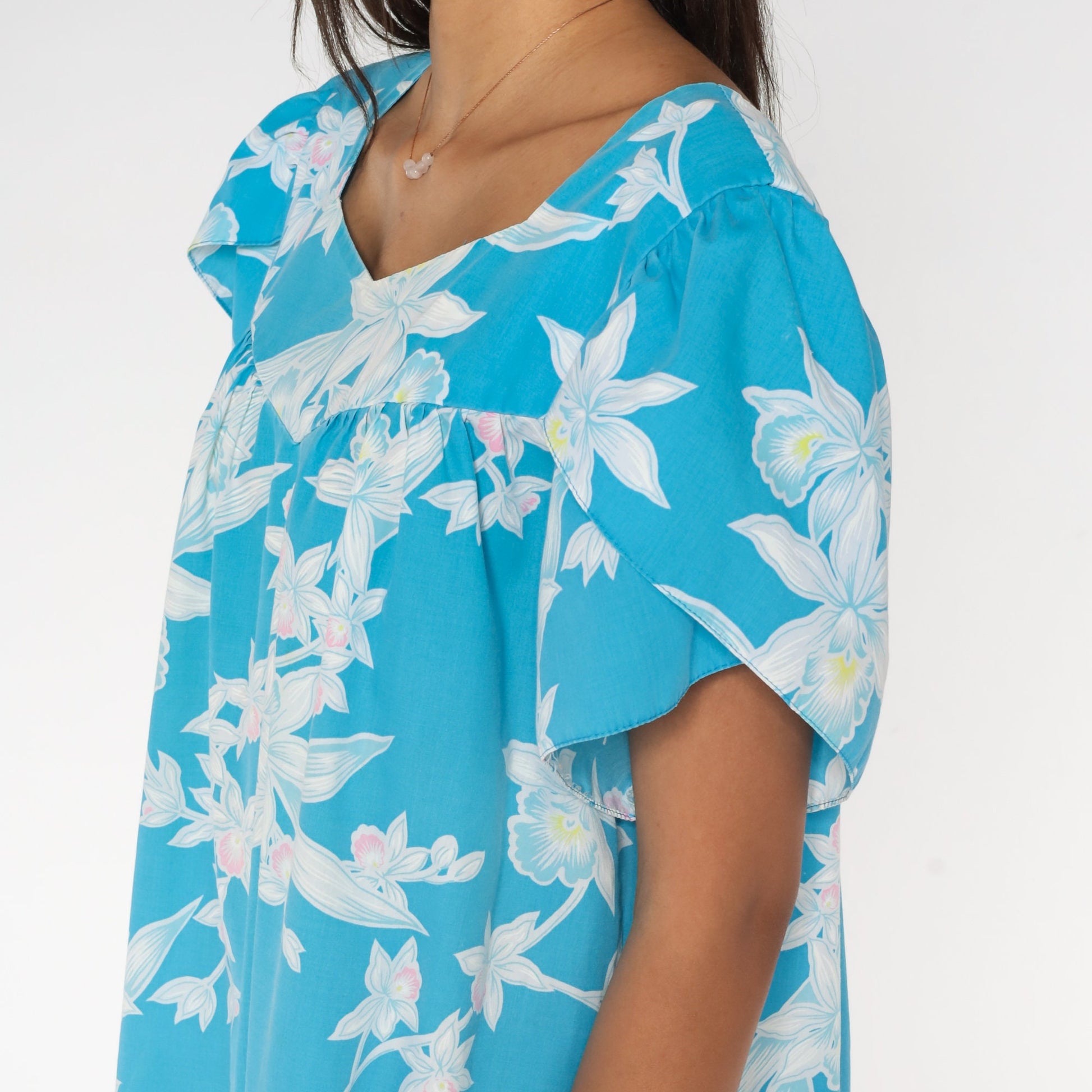 90s Hawaiian Tropical Floral Midi Dress Blue Tent Cut Tulip Sleeve Large