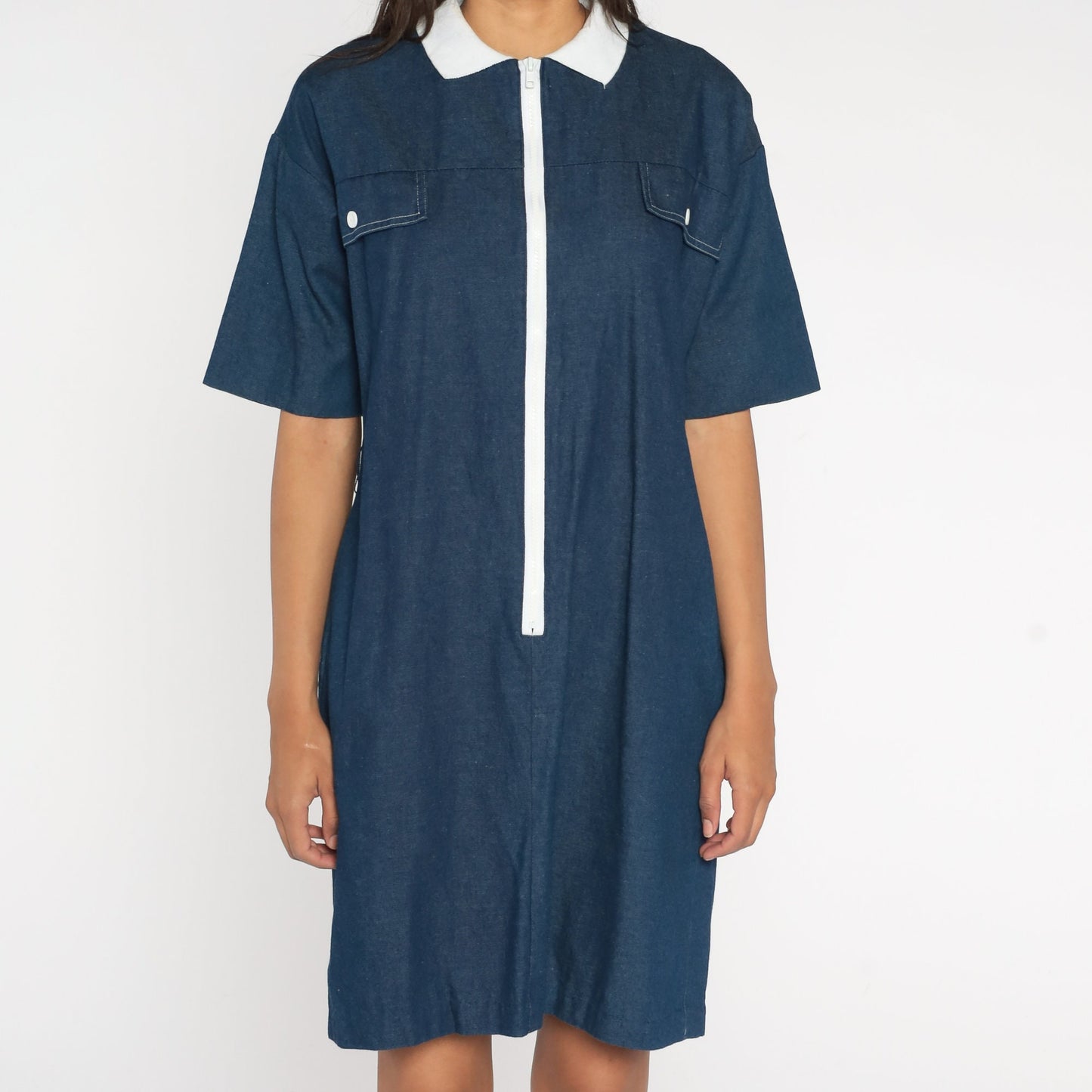 80s Dark Blue Chambray Shift Dress White Collar Front Zip Mini Medium