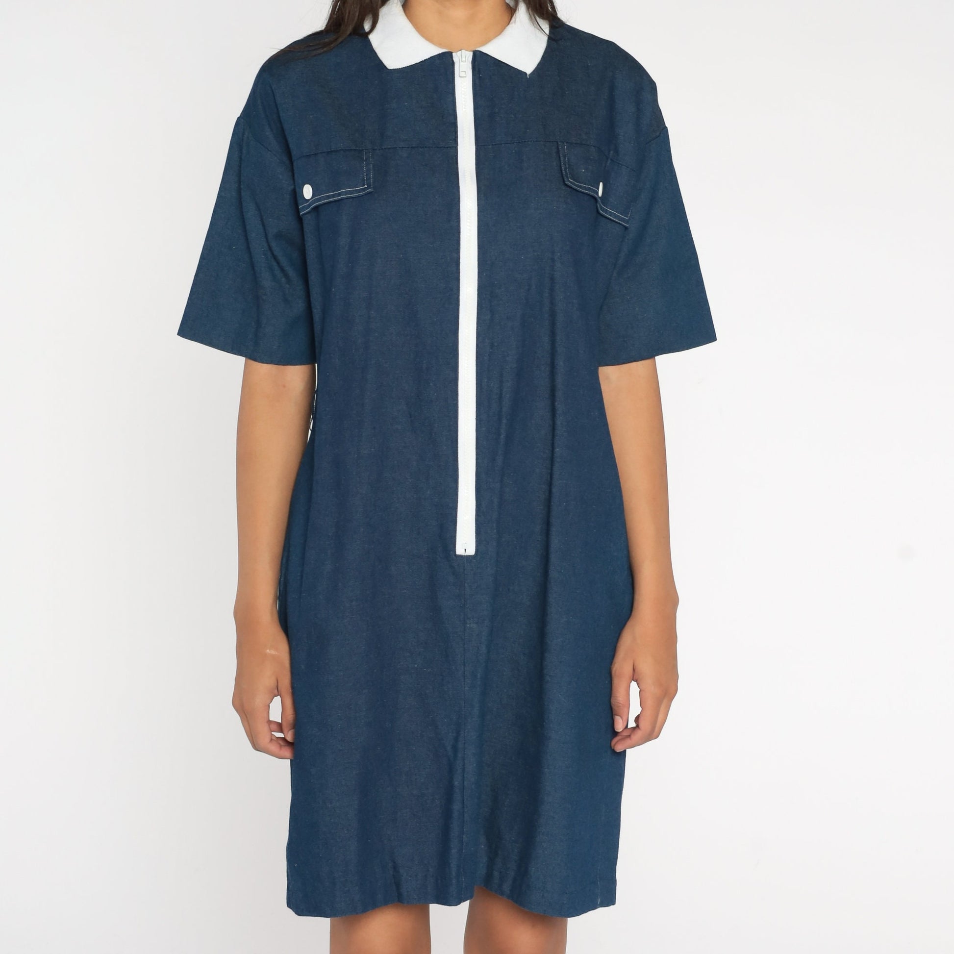 80s Dark Blue Chambray Shift Dress White Collar Front Zip Mini Medium