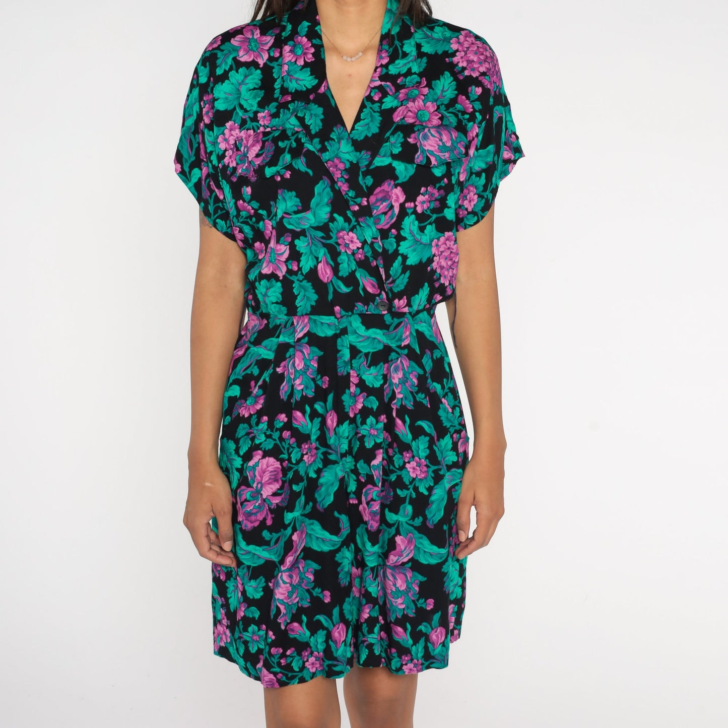 80s Floral Wrap Romper High Waist Wide Leg Black Green Purple Medium