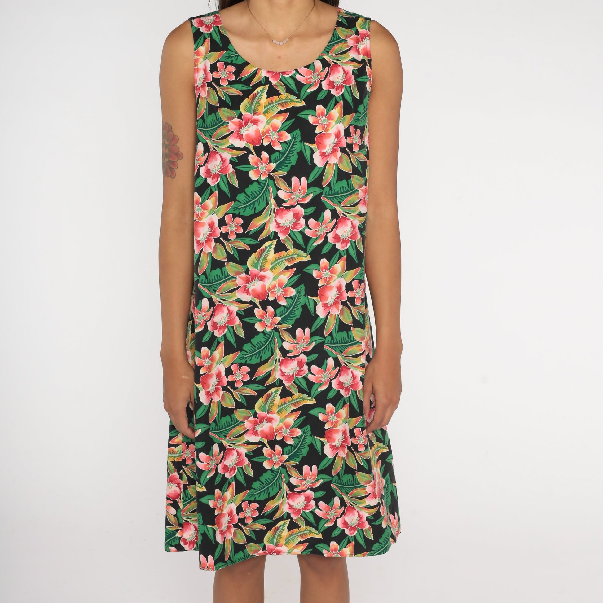 90s Coldwater Creek Silk Hawaiian Midi Dress Black Floral Sleeveless Large