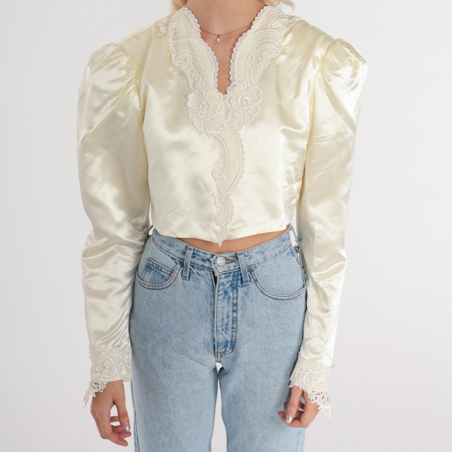 80s Jessica McClintock Cream Satin Cropped Jacket Puff Sleeve Lace Trim Extra Small