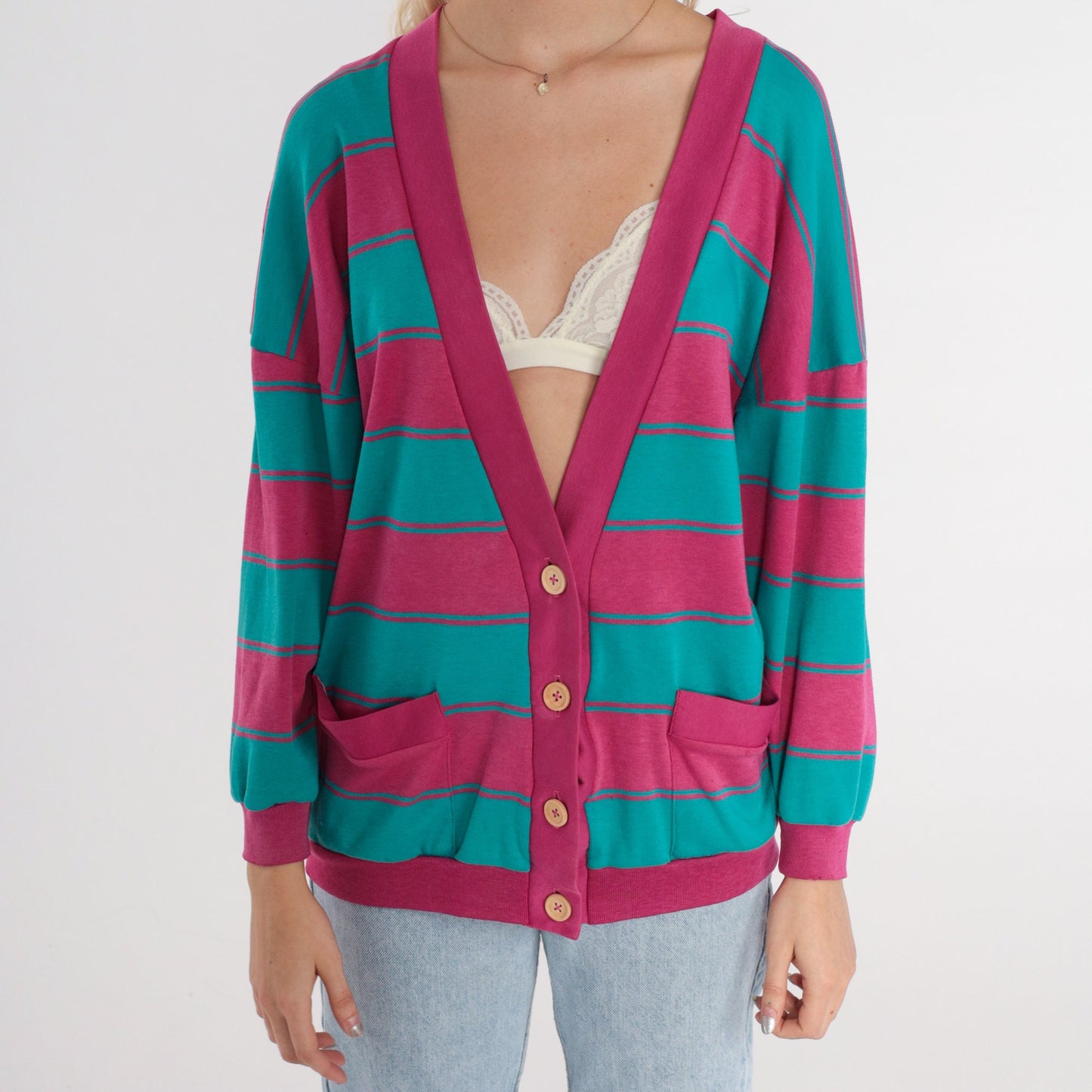 90s Striped Cardigan Sweatshirt Pink Turquoise Button-Up Large L