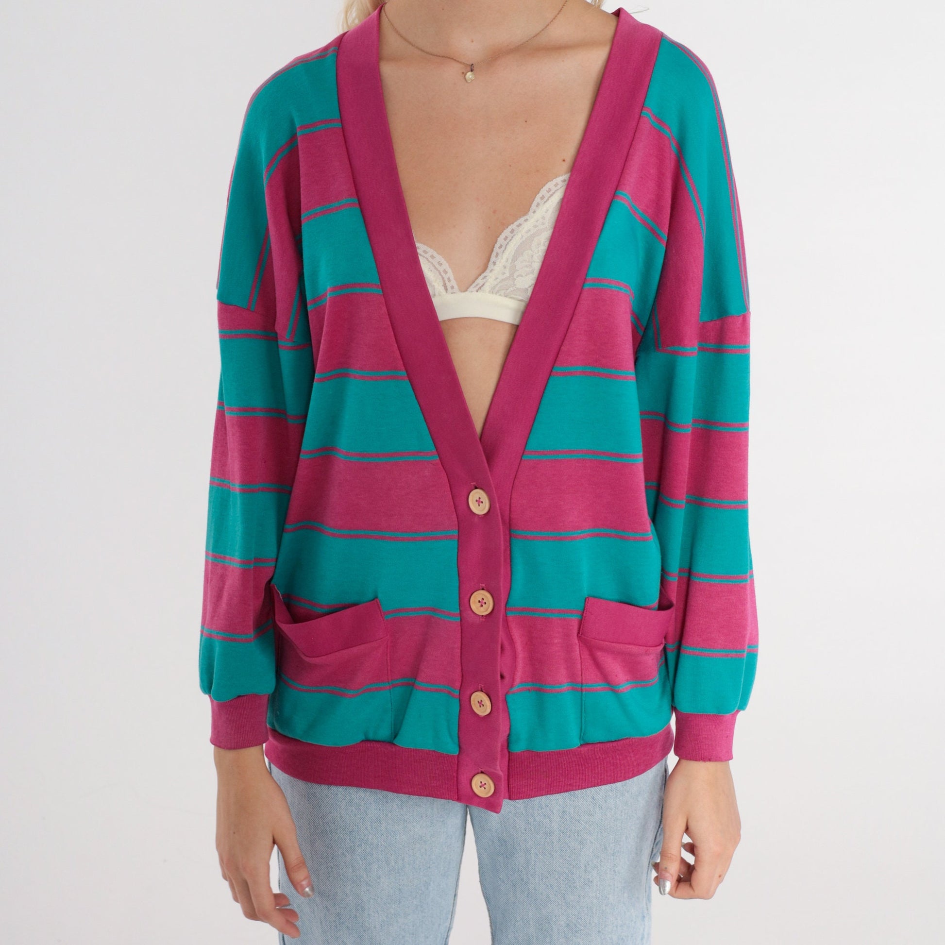 90s Striped Cardigan Sweatshirt Pink Turquoise Button-Up Large L