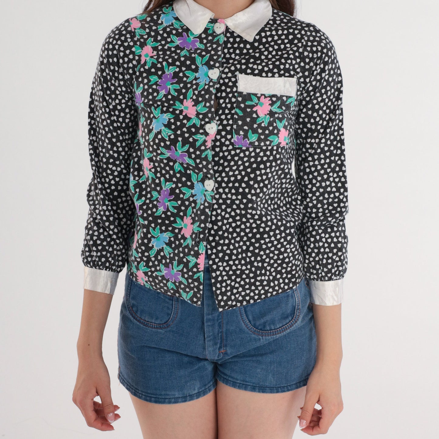 90s Floral Polka Dot Button-Up Blouse White Black Heart Long Sleeve XXS