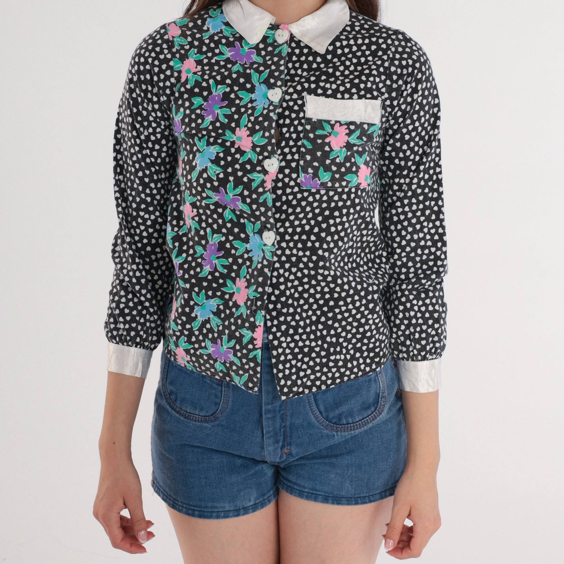 90s Floral Polka Dot Button-Up Blouse White Black Heart Long Sleeve XXS
