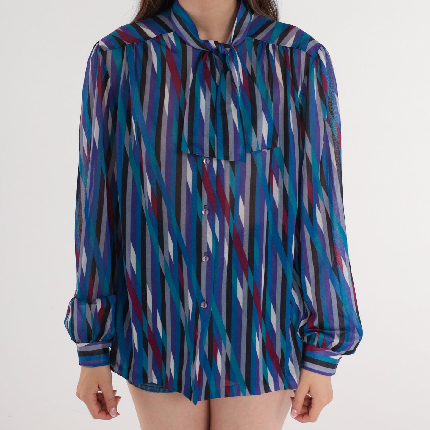 70s Striped Ascot Blouse Purple Blue Necktie Secretary Top Medium