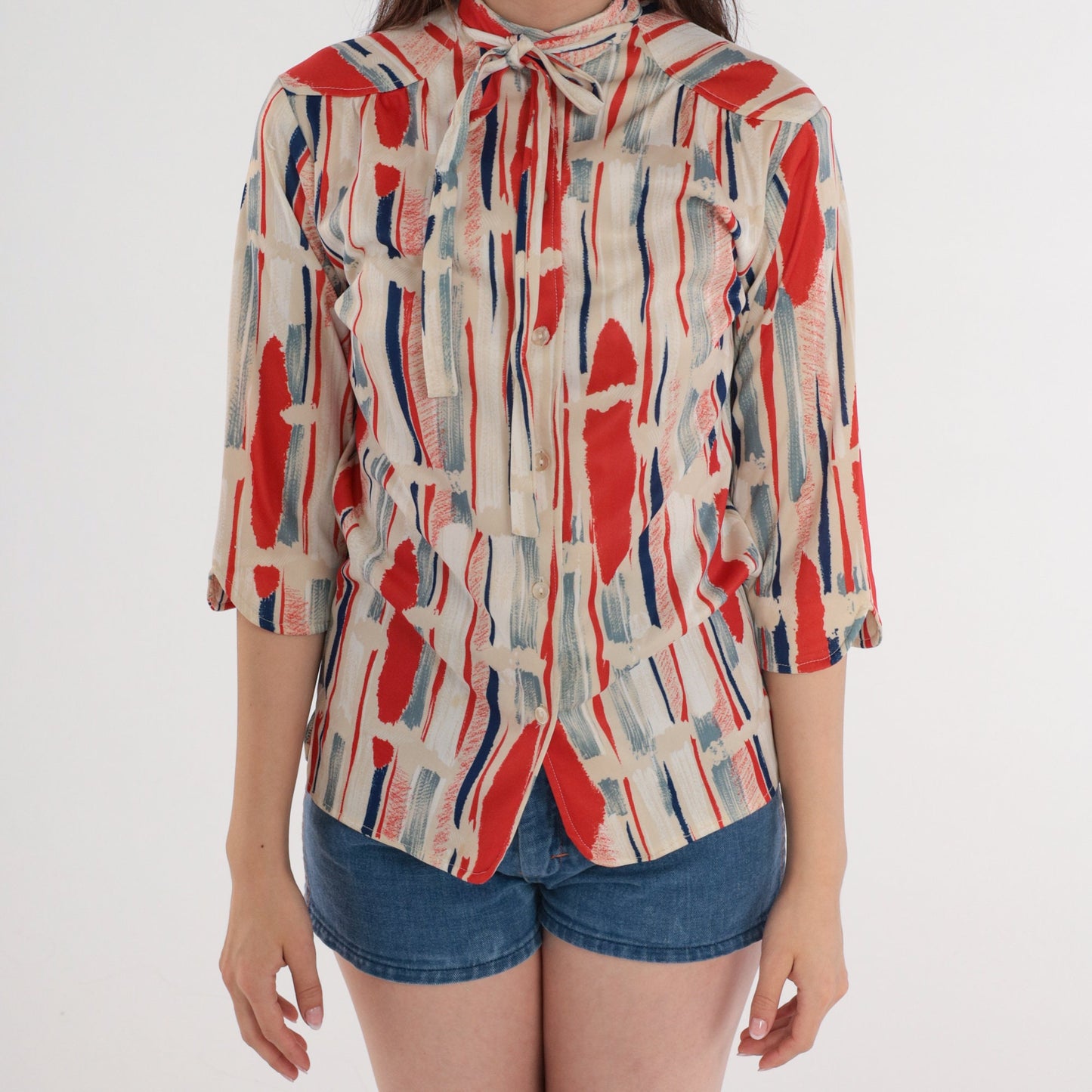 70s Striped Ascot Blouse Orange Beige Brushstroke Long Sleeve Button Up Small