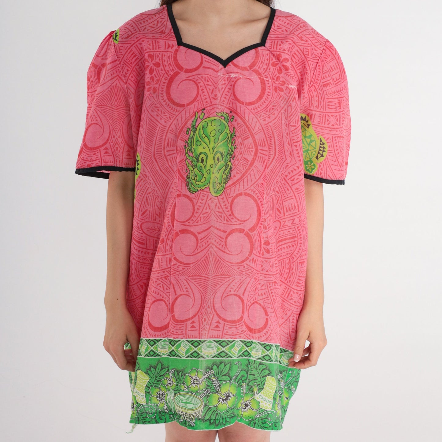 90s Hawaiian Squid Print Mini Dress Puff Sleeve Shift Pink Extra Large XXL