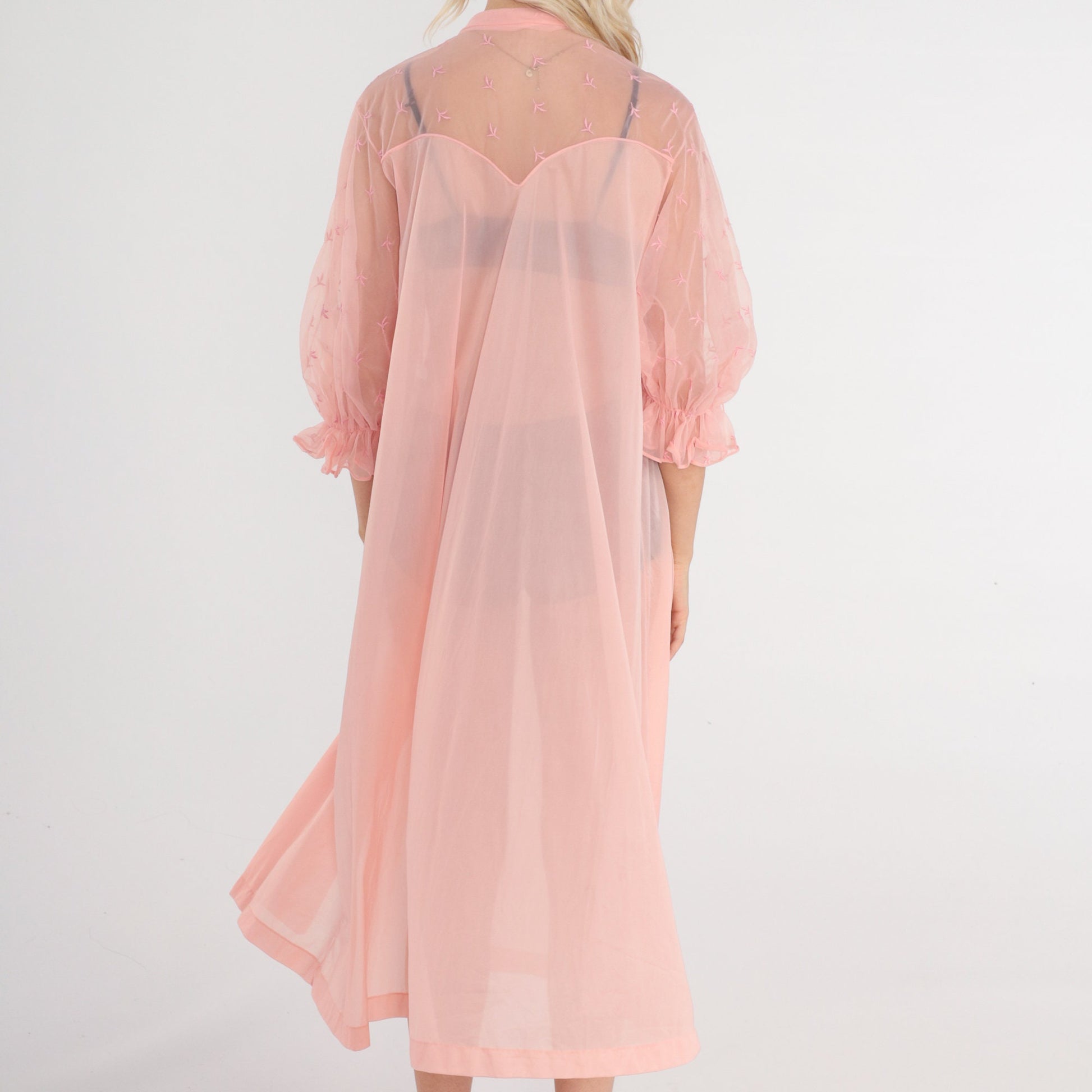 70s Vanity Fair Sheer Pink Lingerie Robe Embroidered Midi Peignoir Medium