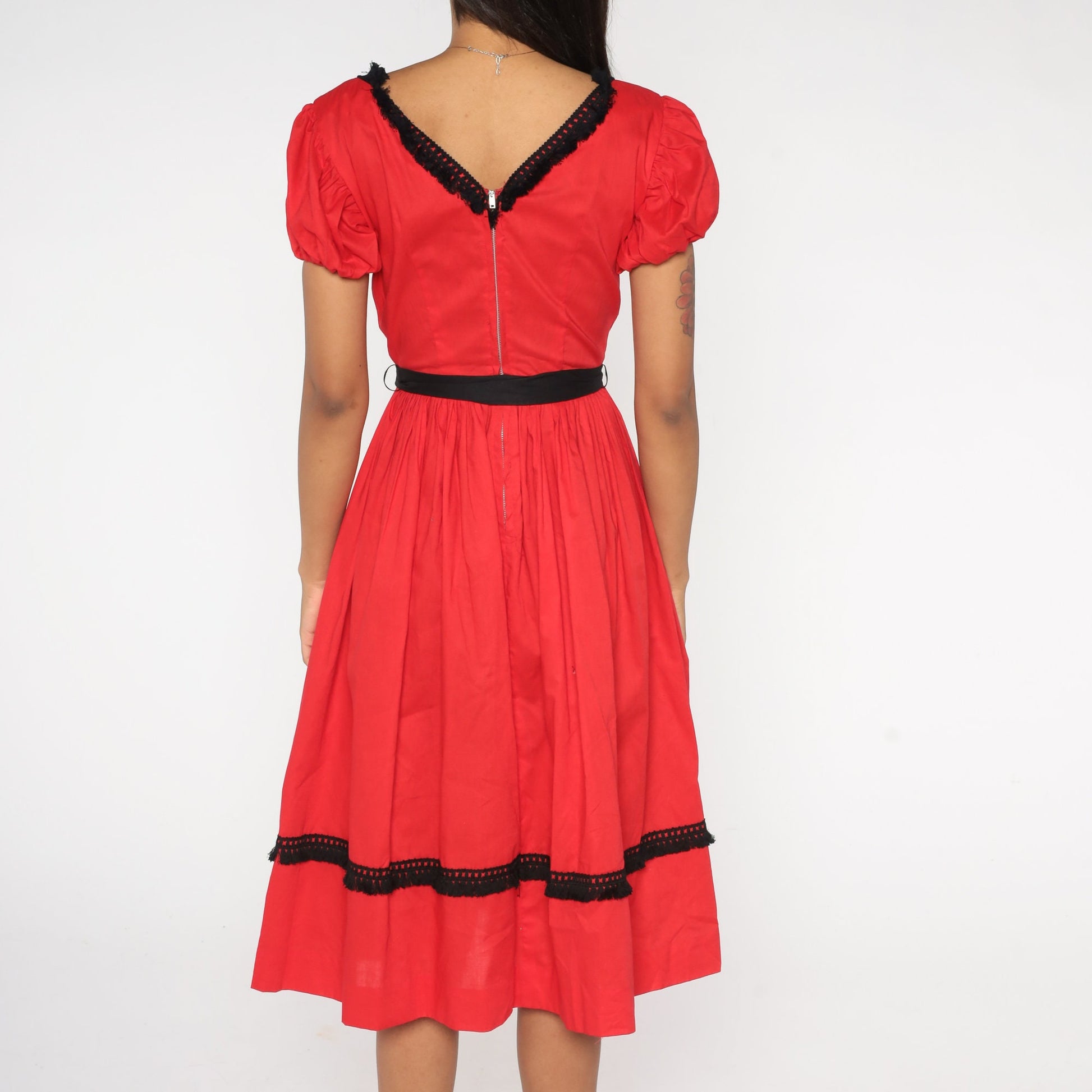 1960s Red Puff Sleeve Midi Dress Black Fringe High Waist Extra Small