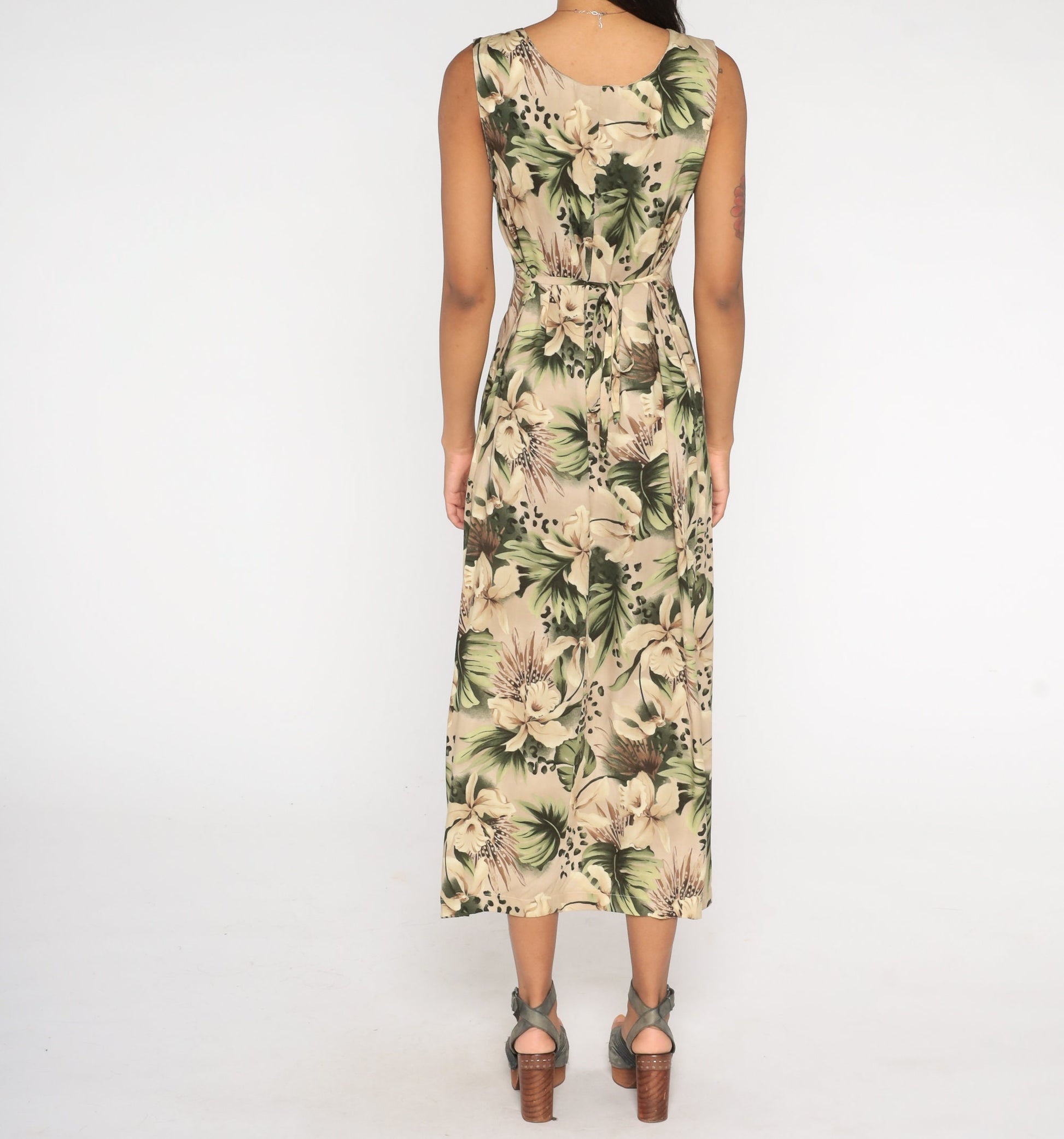 90s Tropical Floral Leopard Print Maxi Dress Taupe Sleeveless Ankle Length Large