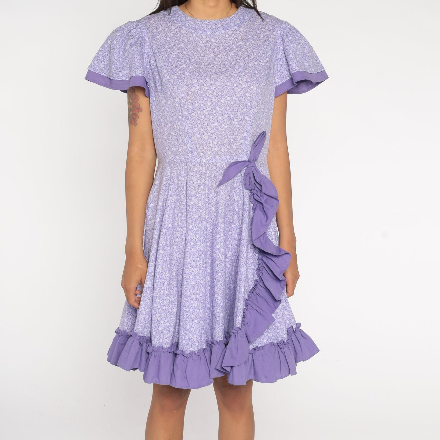 80s Purple Calico Floral High-Waist Midi Dress Puff Sleeve Medium