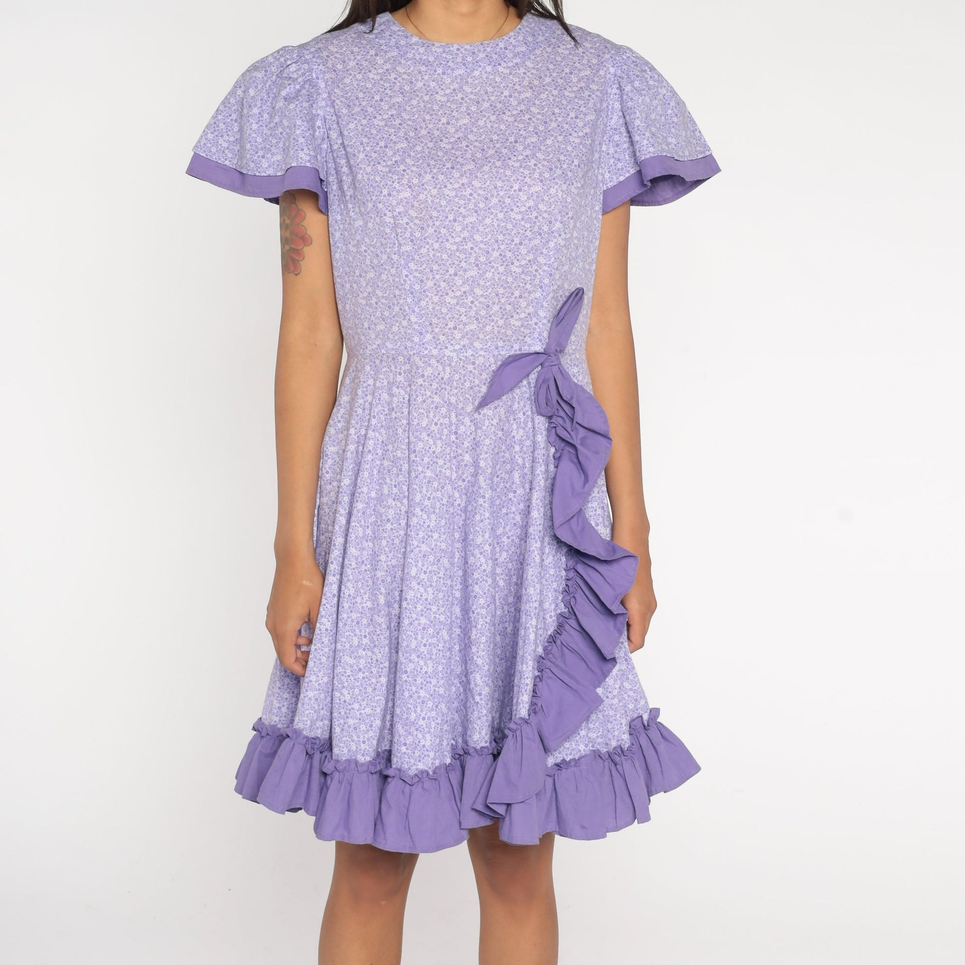 80s Purple Calico Floral High-Waist Midi Dress Puff Sleeve Medium