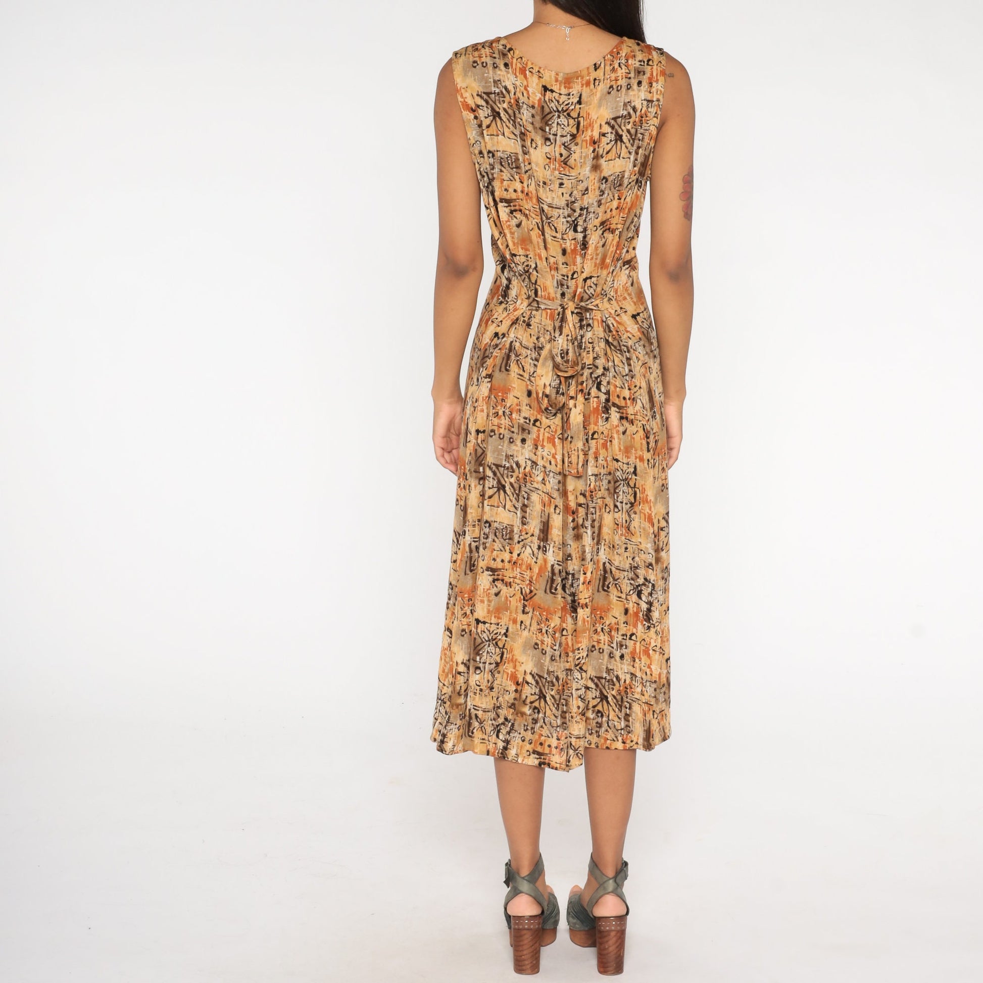 90s Notations Floral Midi Dress Geometric Print Tan Brown Orange Petite Large