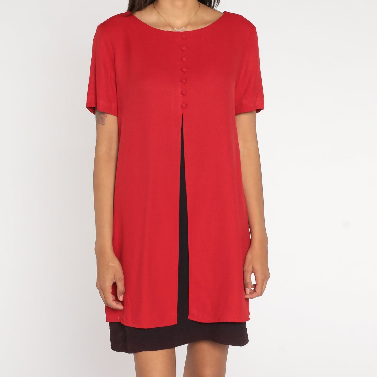 80s Jessica Howard Mini Dress Red Black Layered Button Up Short Sleeve Medium