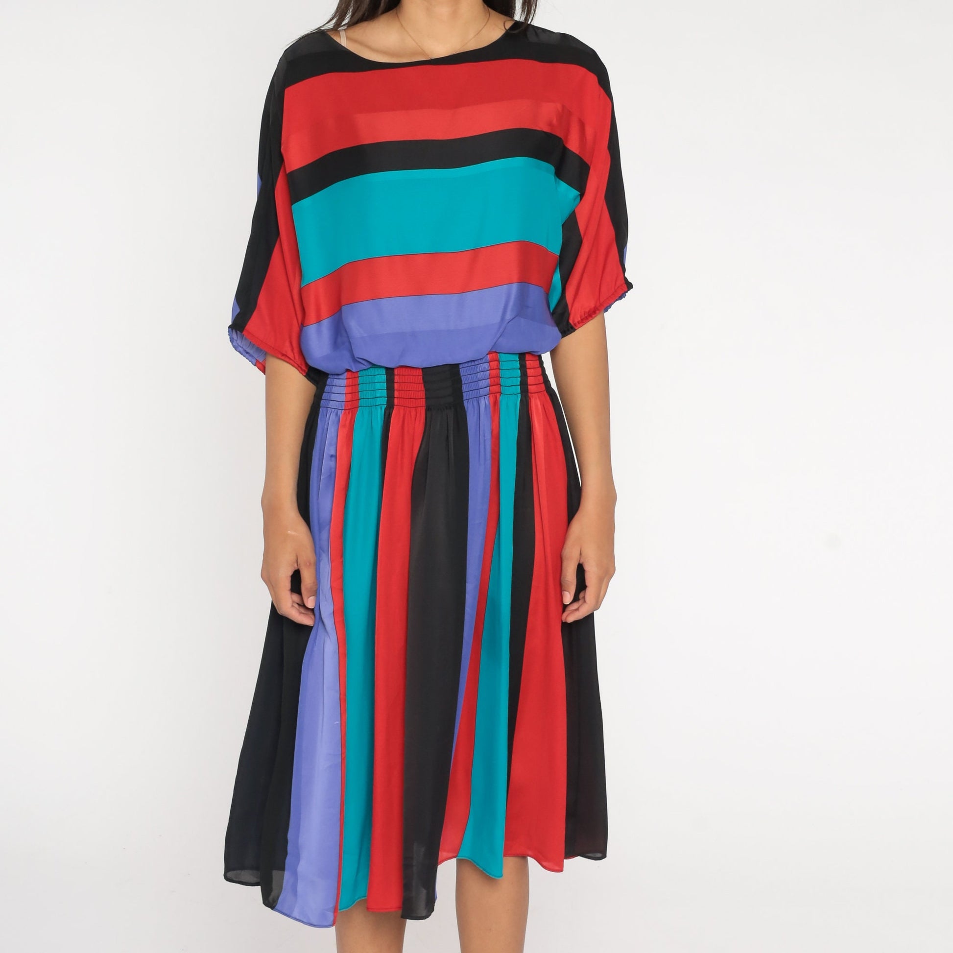 80s Striped Midi Dress Dolman Sleeve High Waist Red Purple Turquoise Medium