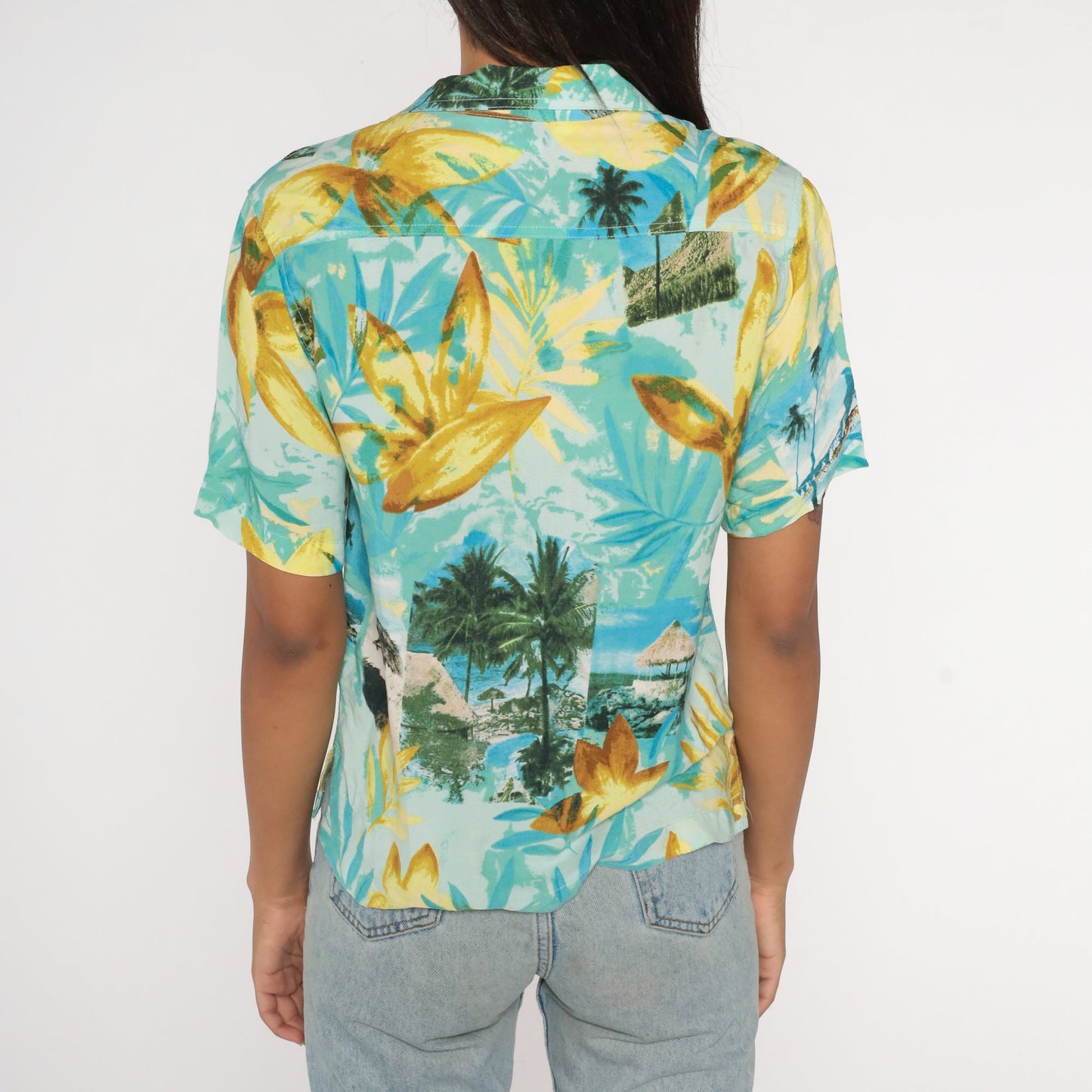 Y2K Hawaiian Floral Button-Up Shirt Blue Tropical Cabana Print Small