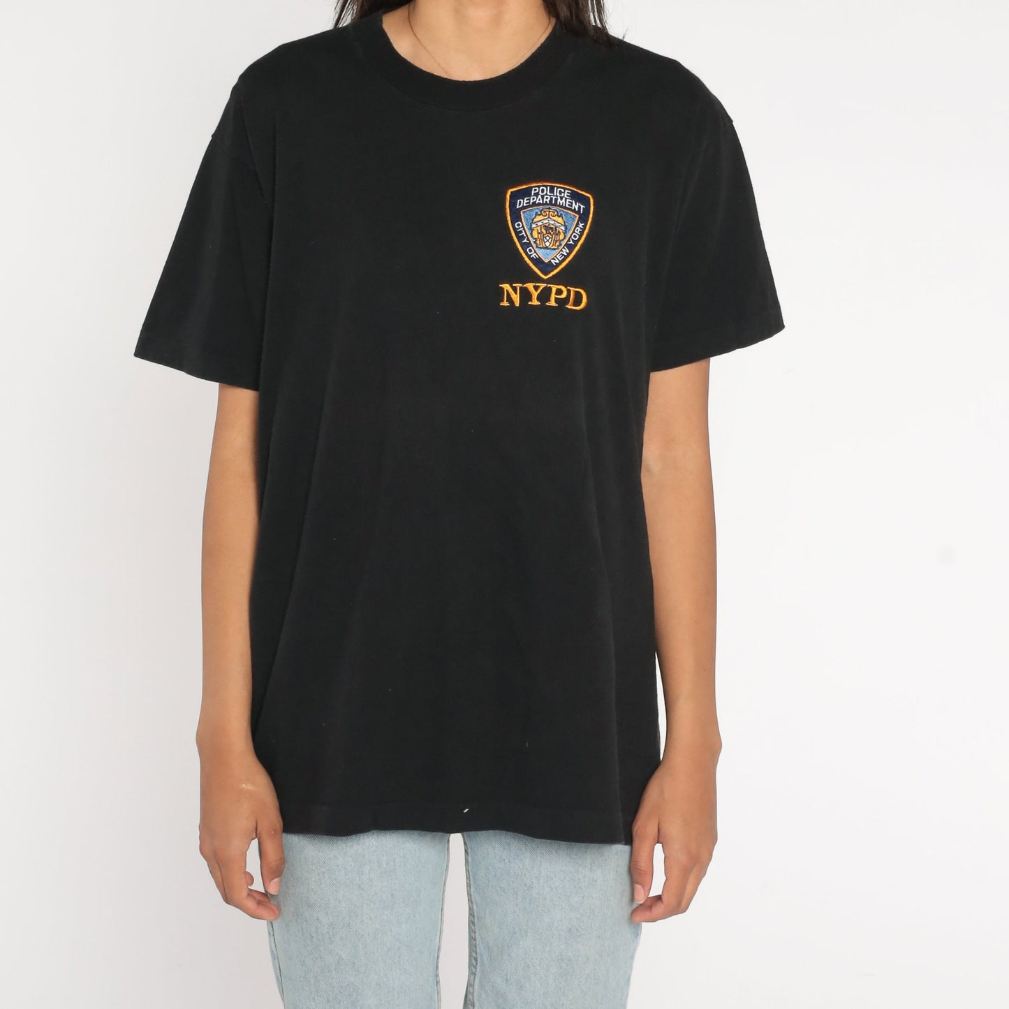 90s NYPD Embroidered T-Shirt New York City Police Graphic Tee Black Cotton Large