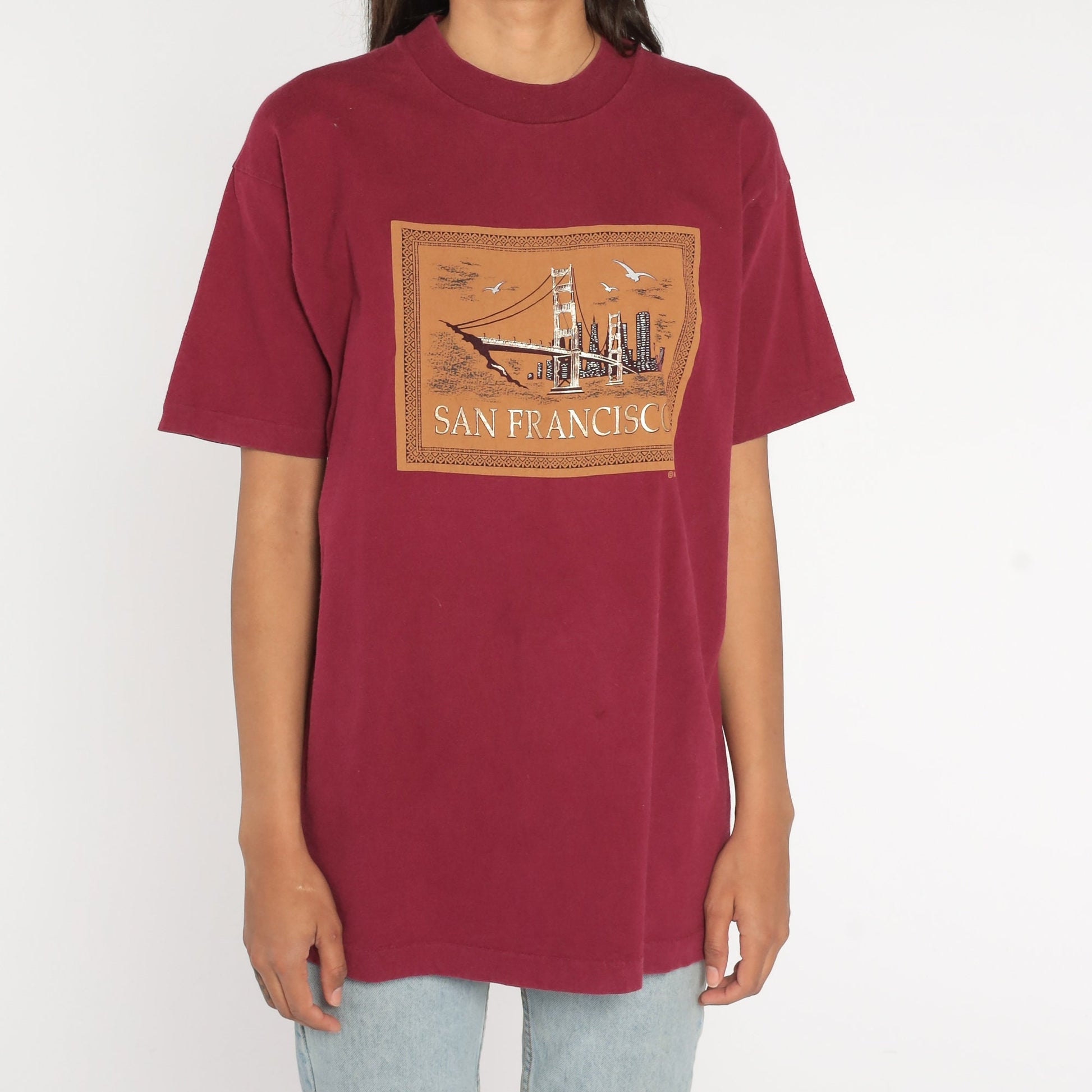90s San Francisco Golden Gate Bridge Metallic Gold Graphic Tee Burgundy Medium