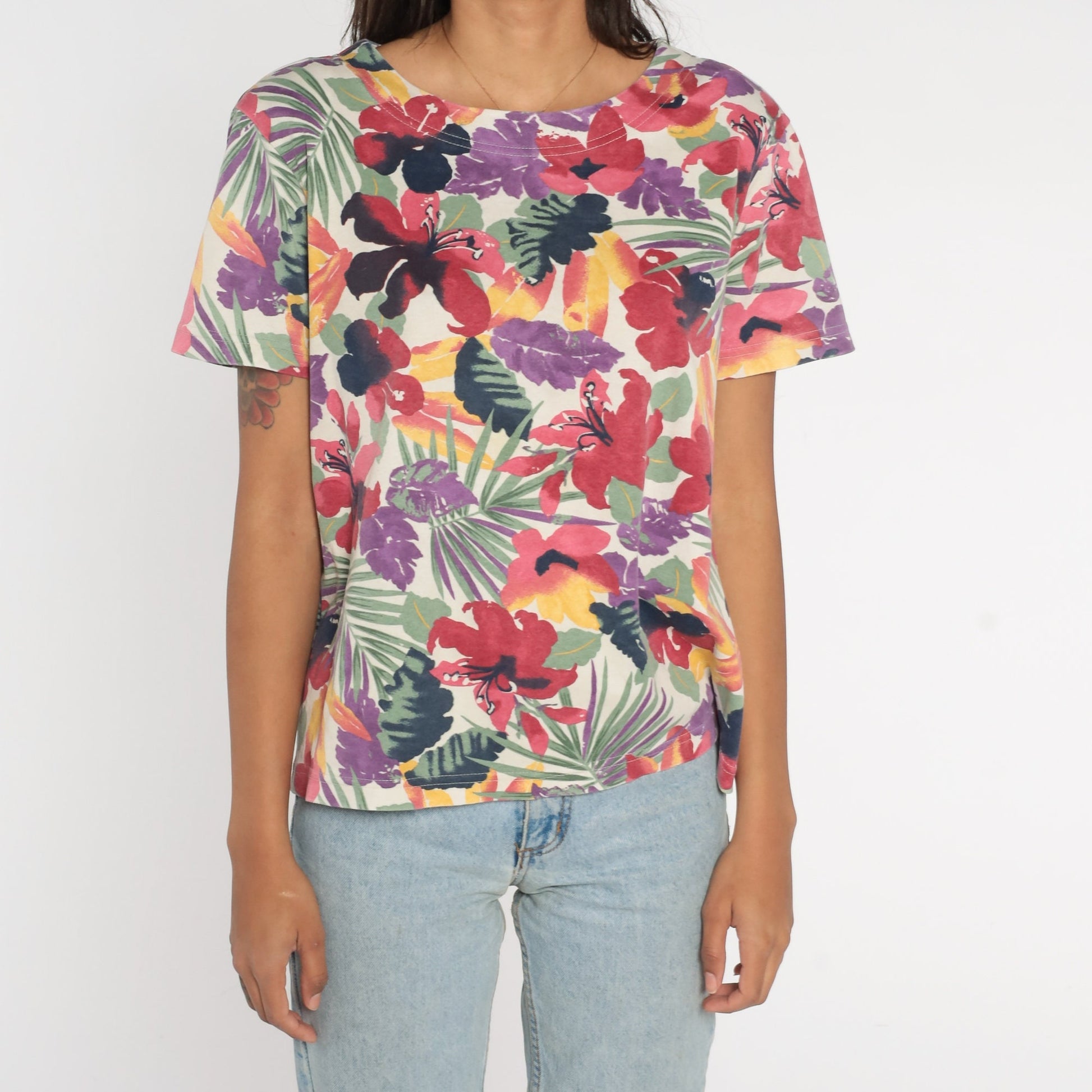 90s Jaclyn Smith Tropical Floral Blouse Off-White Multicolor Print Medium