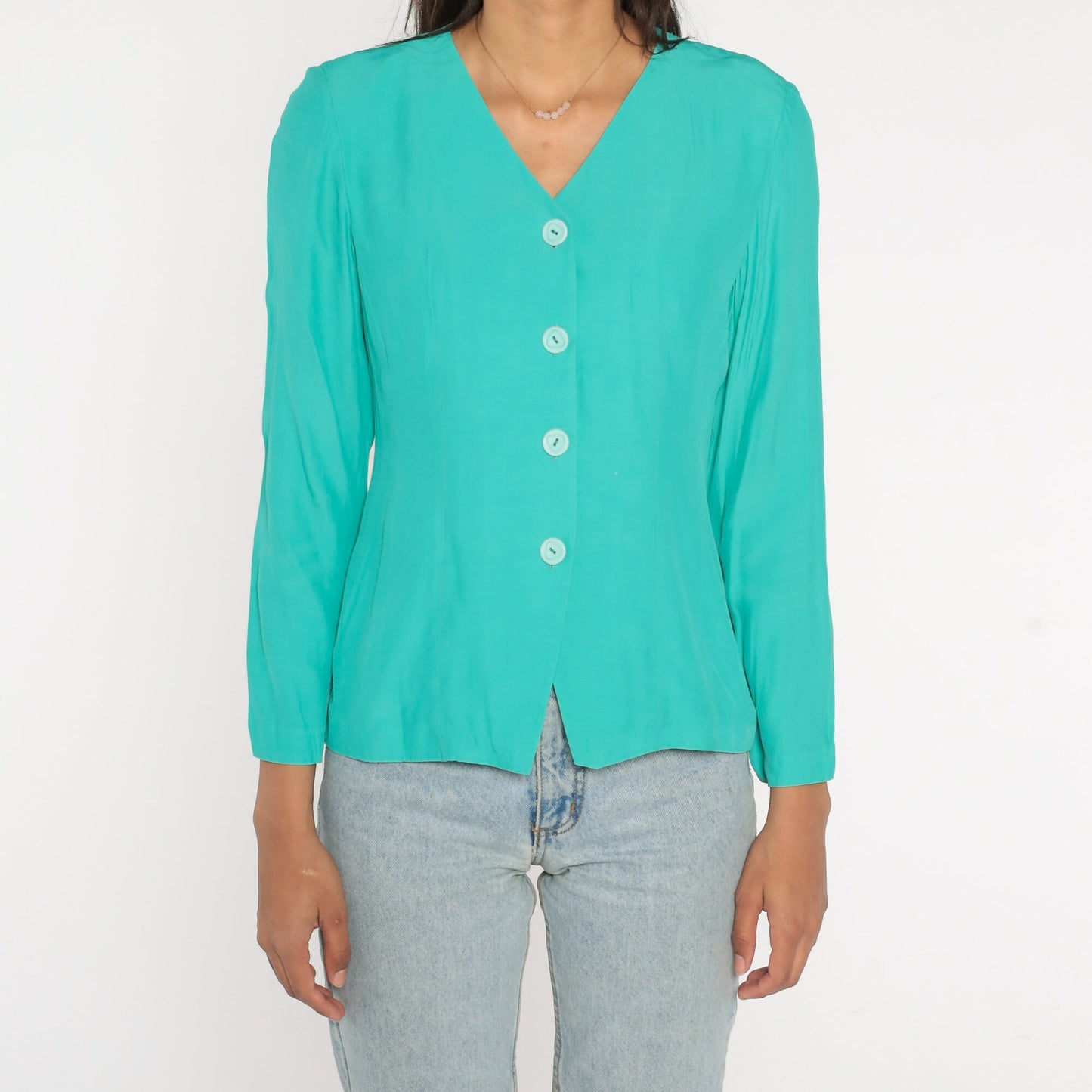 80s Turquoise Button-Up Blouse V-Neck Long Sleeve Shirt Small S