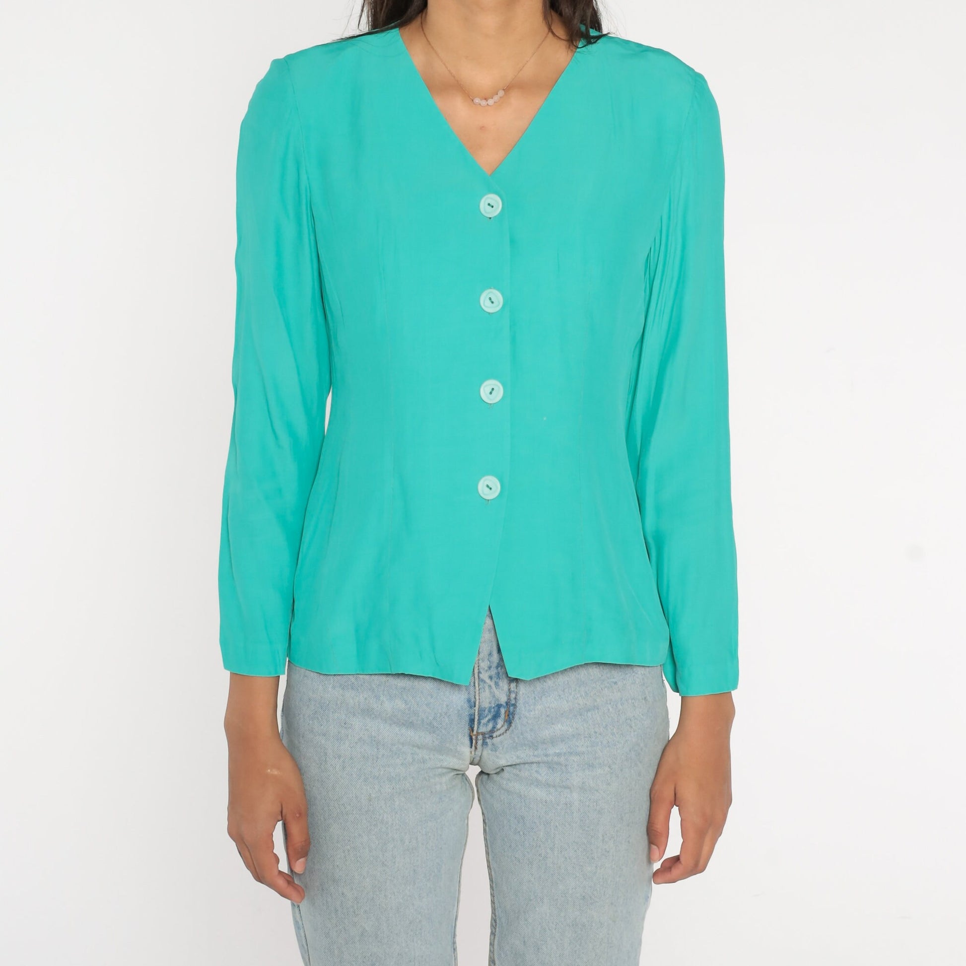 80s Turquoise Button-Up Blouse V-Neck Long Sleeve Shirt Small S