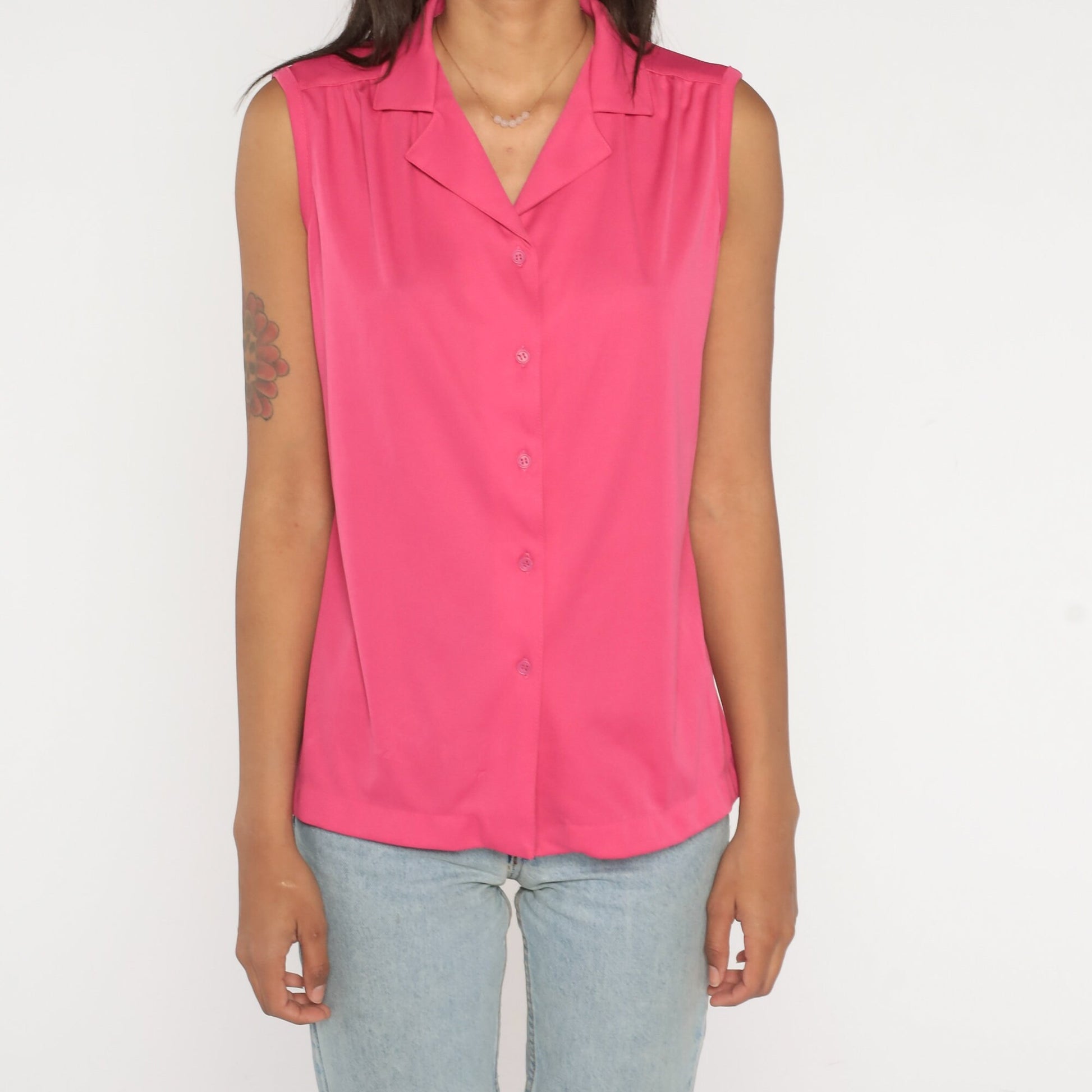 70s Bright Pink Collared Tank Top Button-Up Blouse Medium Large