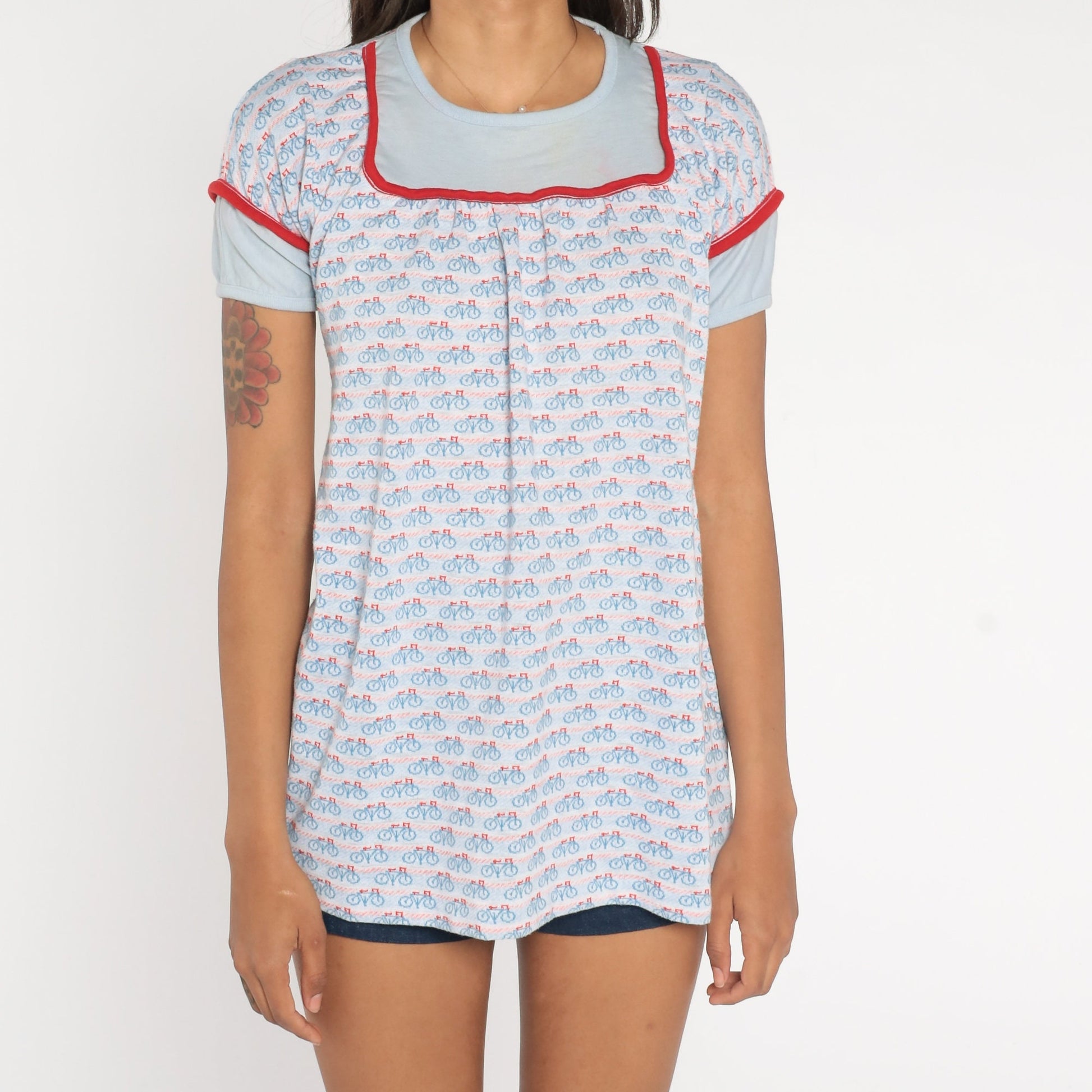 70s Bicycle Graphic Babydoll Tee Red White Blue Yoke Extra Small
