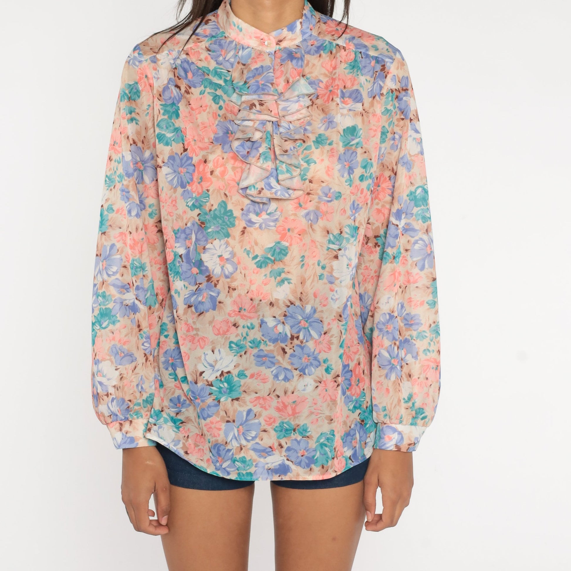 70s Floral Ruffle Tuxedo Blouse Pink Blue Button Up Long Sleeve Medium Large