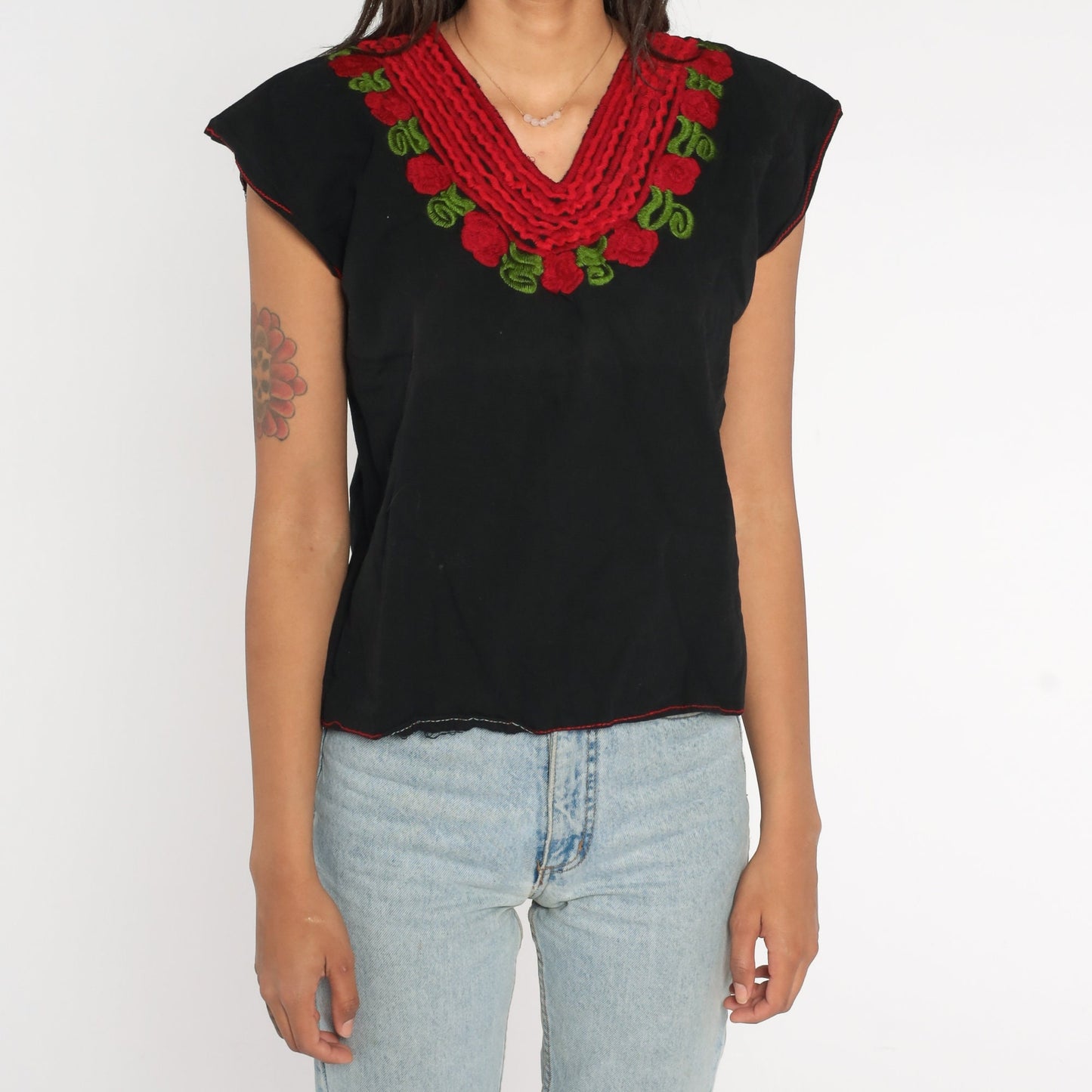 90s Mexican Embroidered Blouse Black Red Rose Tunic Cap Sleeve Medium