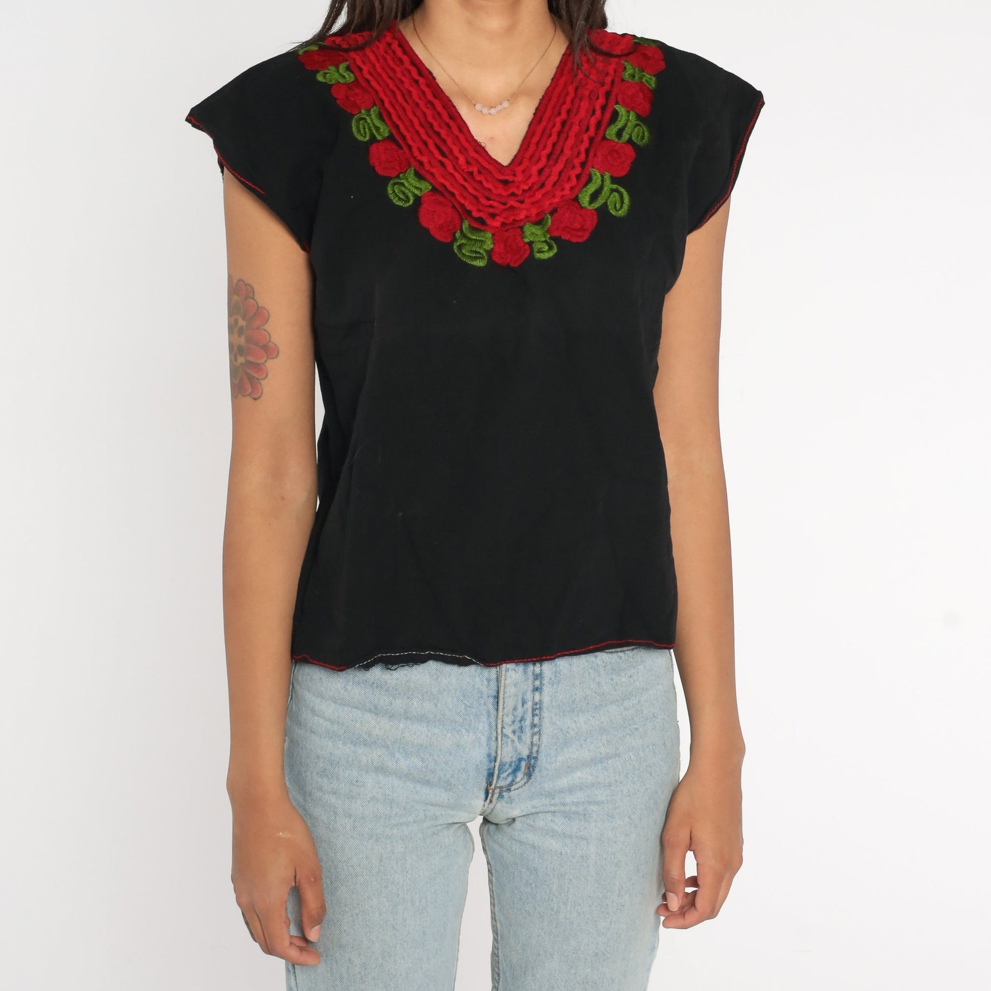 90s Mexican Embroidered Blouse Black Red Rose Tunic Cap Sleeve Medium