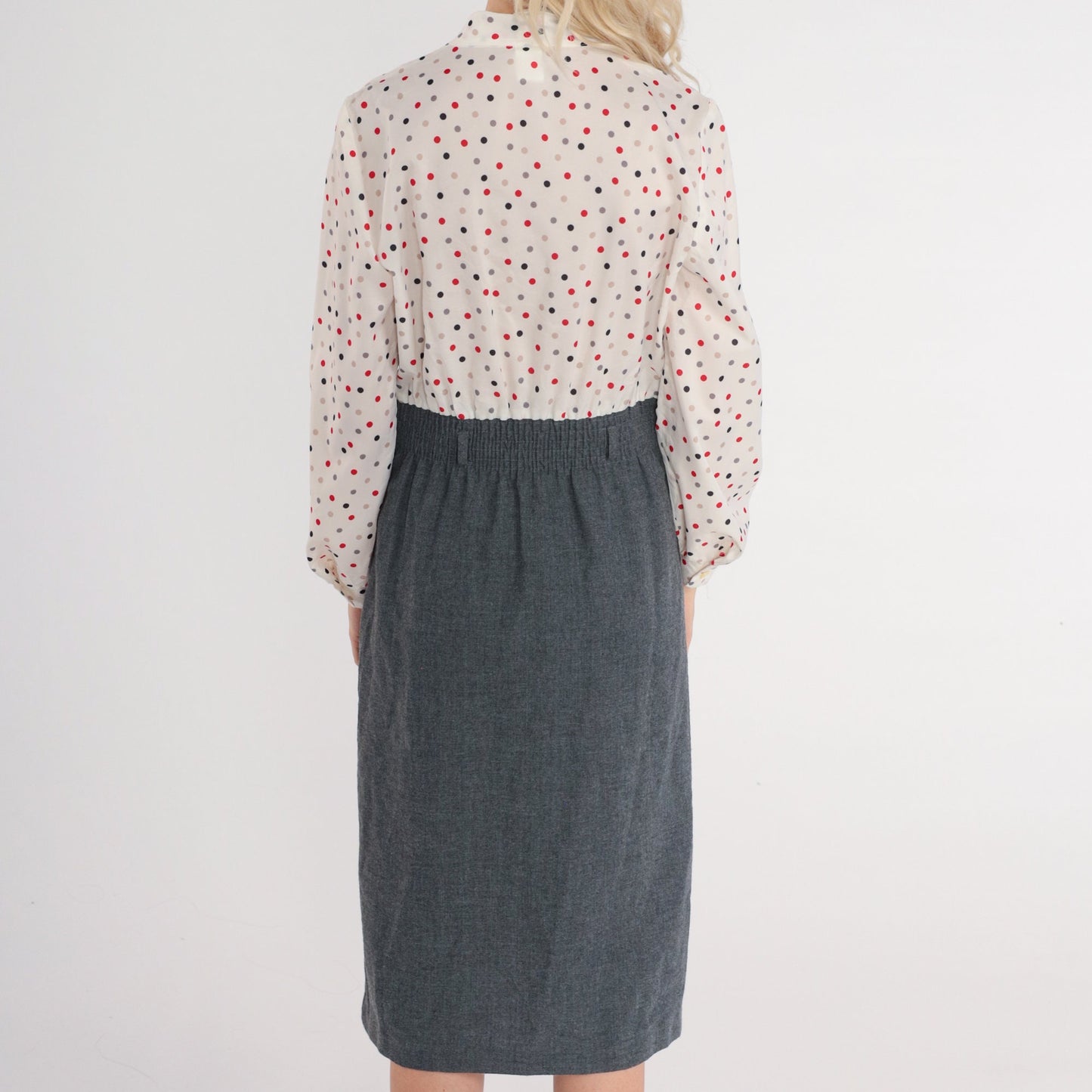 80s Polka Dot Ascot Midi Dress High Waisted Shirtwaist Grey White Medium