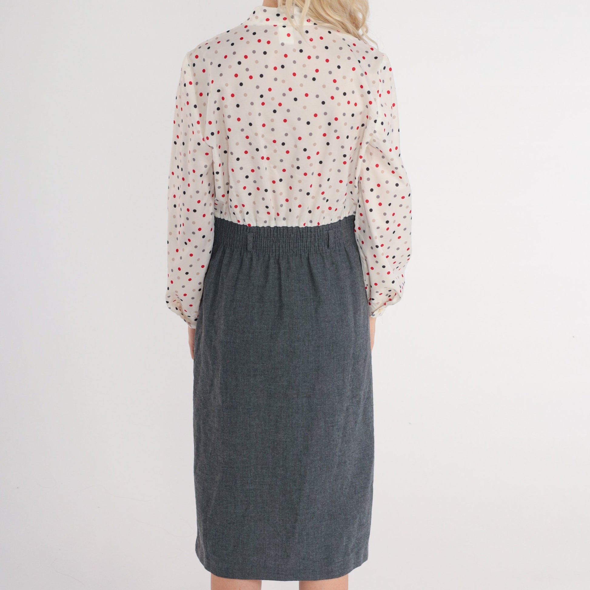 80s Polka Dot Ascot Midi Dress High Waisted Shirtwaist Grey White Medium