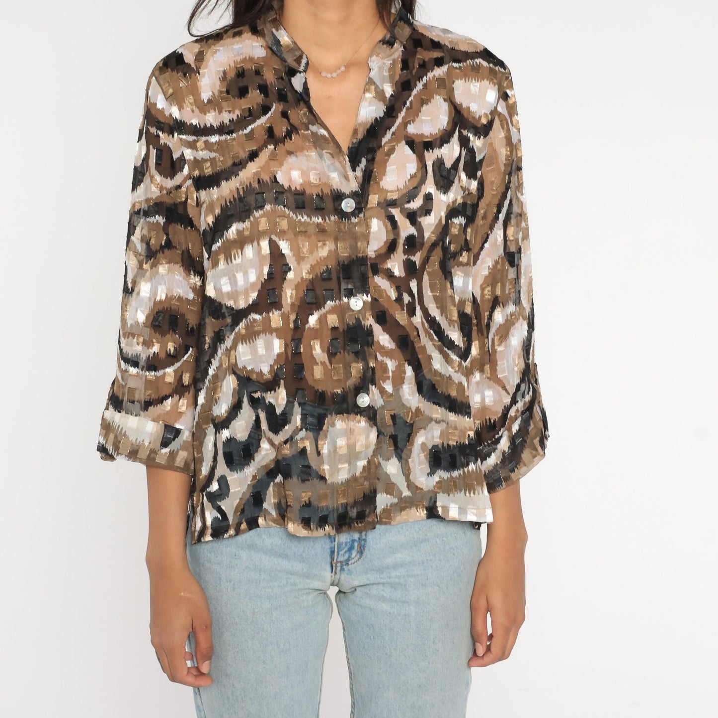 Y2K Ruby Road Blouse Metallic Swirl Print Black Brown White Button Up Medium