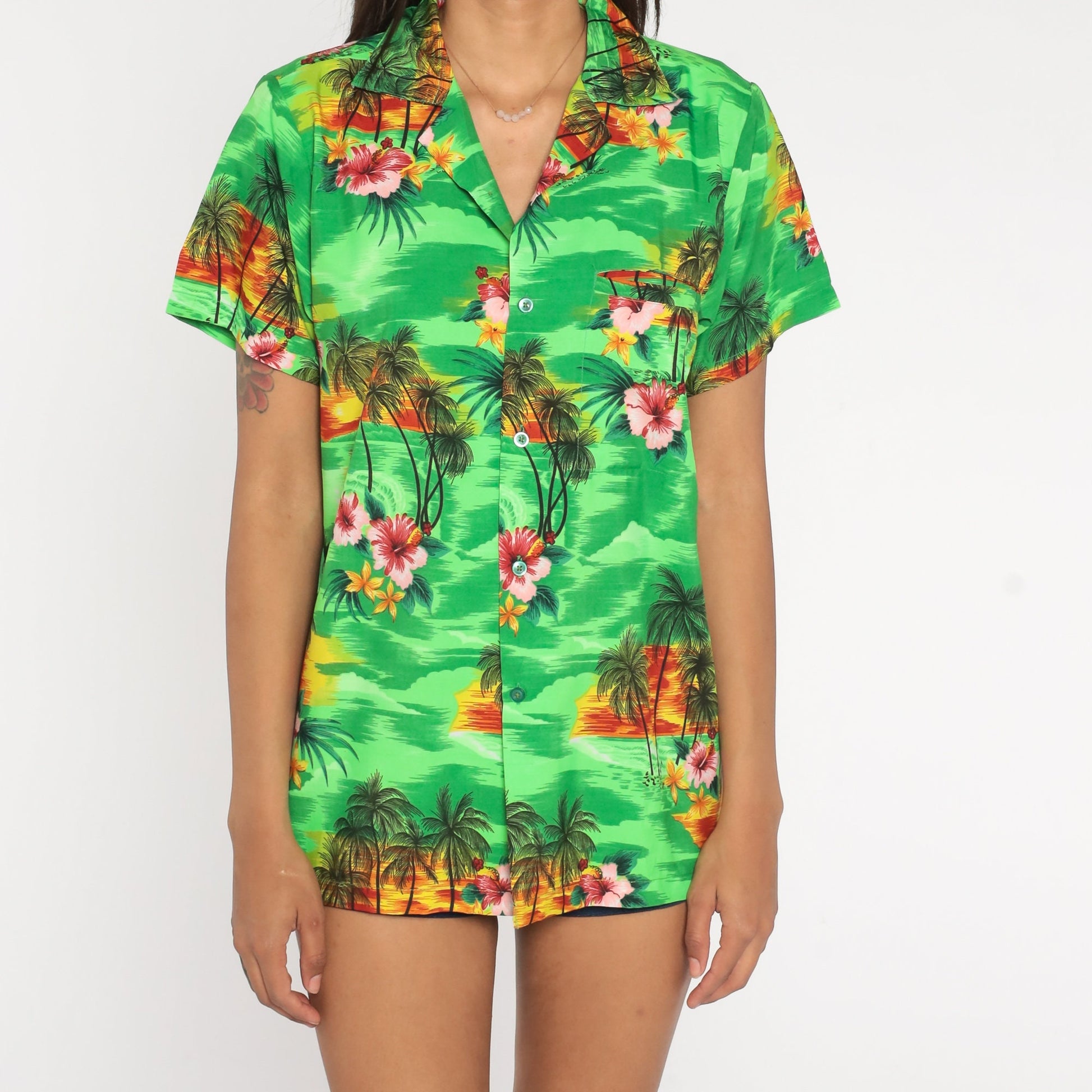 80s Neon Green Tropical Floral Hawaiian Button-Up Shirt Palm Tree Print Medium