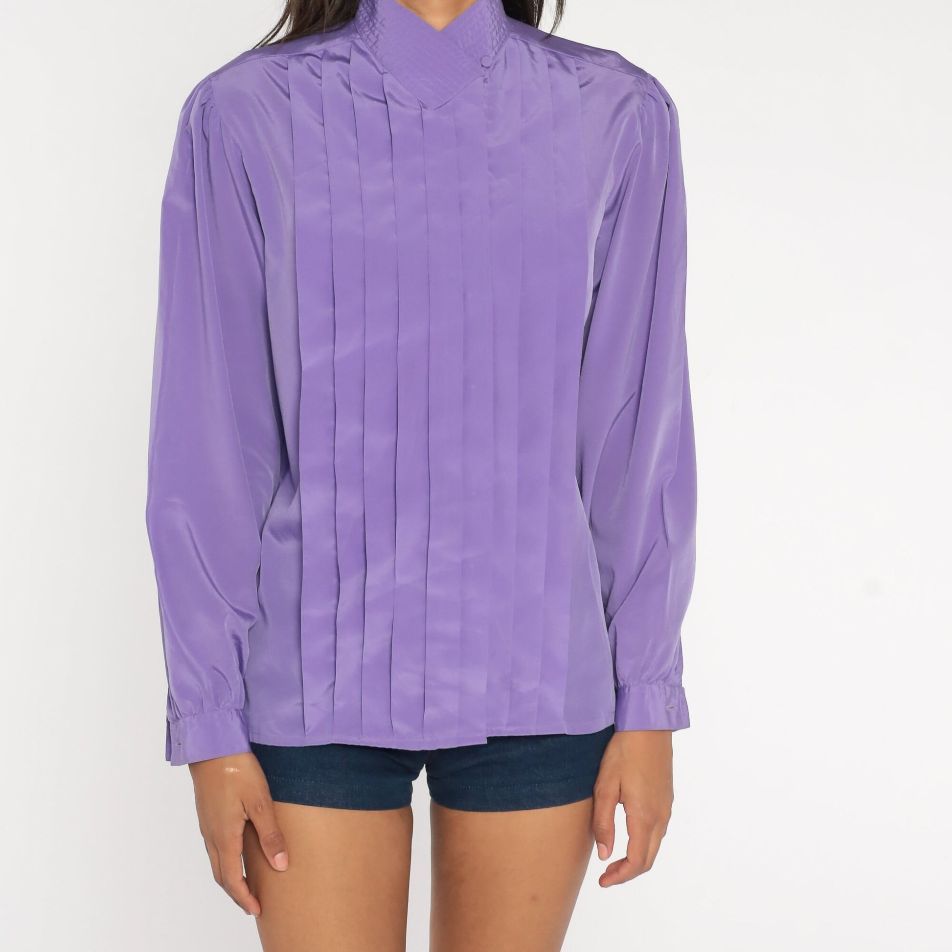80s Purple Puff Sleeve Blouse Pleated Collared Button-Up Large 12