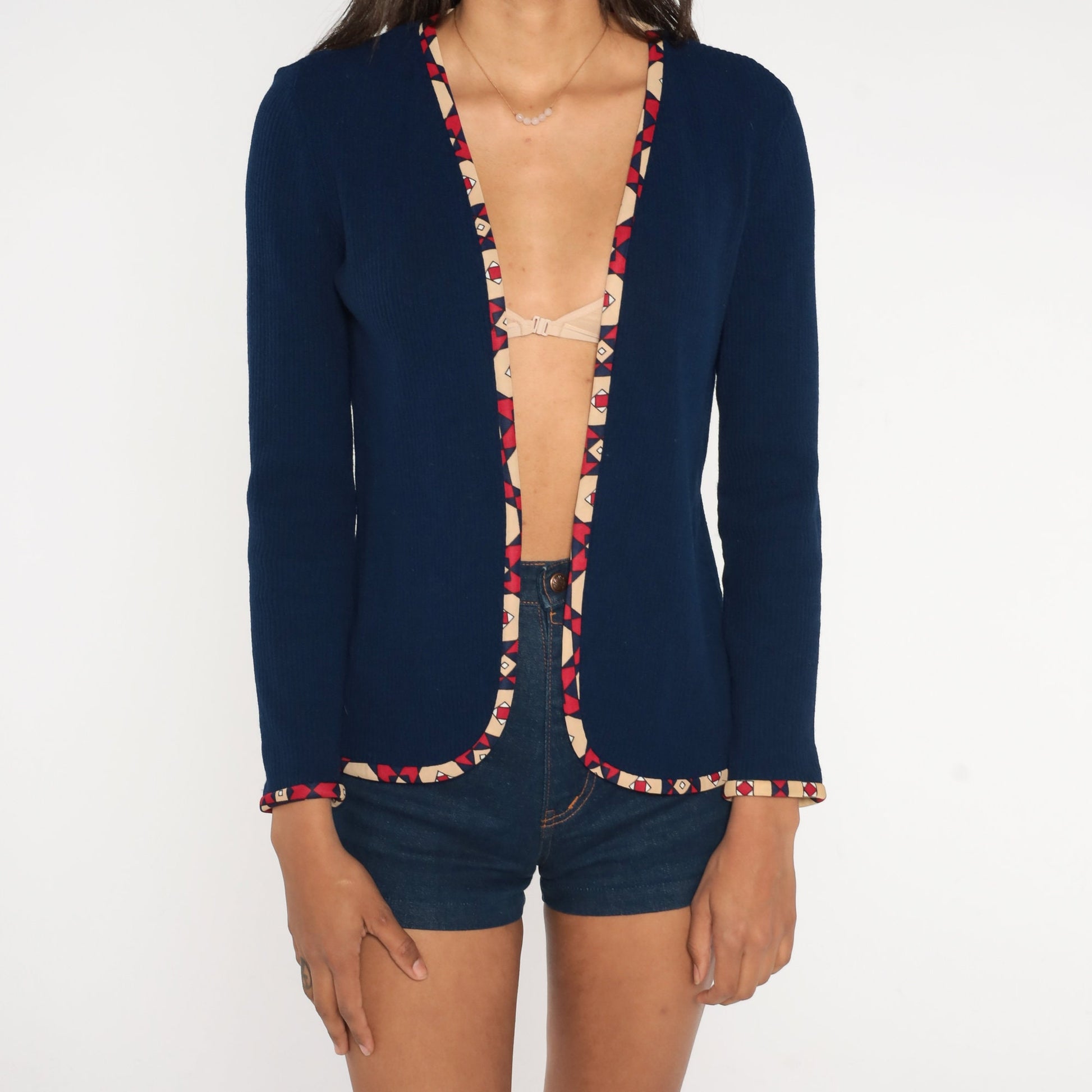 70s Navy Open Front Jacket Geometric Trim Lightweight Small