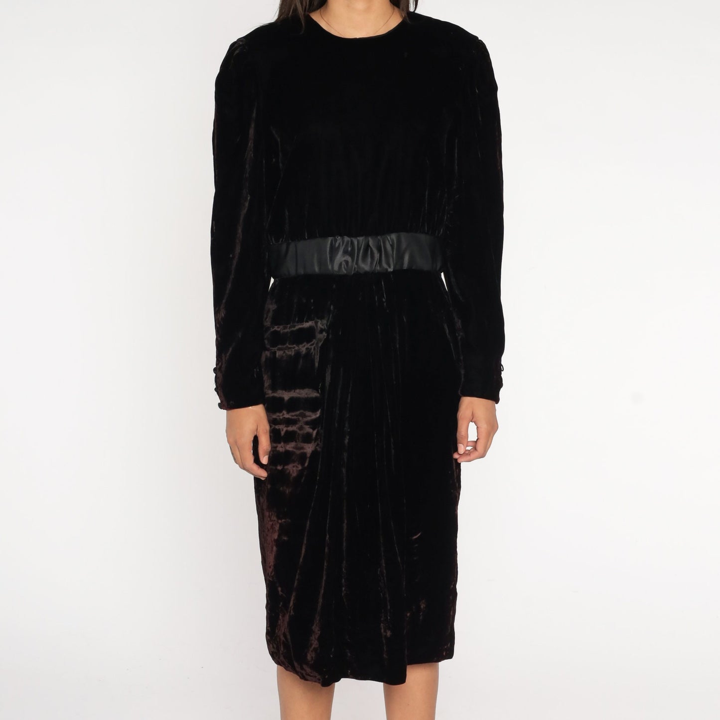 90s Black Velvet Midi Dress Long Sleeve High Waist Pencil Sheath Medium