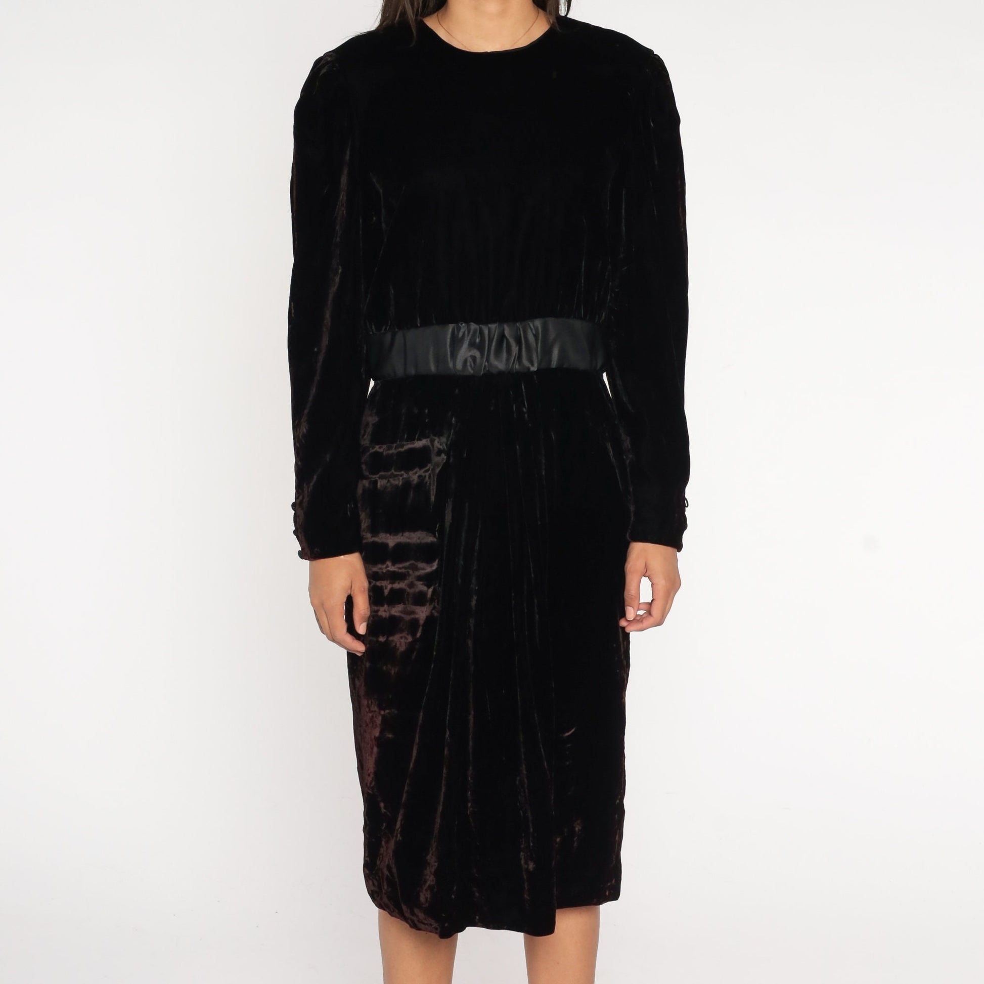 90s Black Velvet Midi Dress Long Sleeve High Waist Pencil Sheath Medium