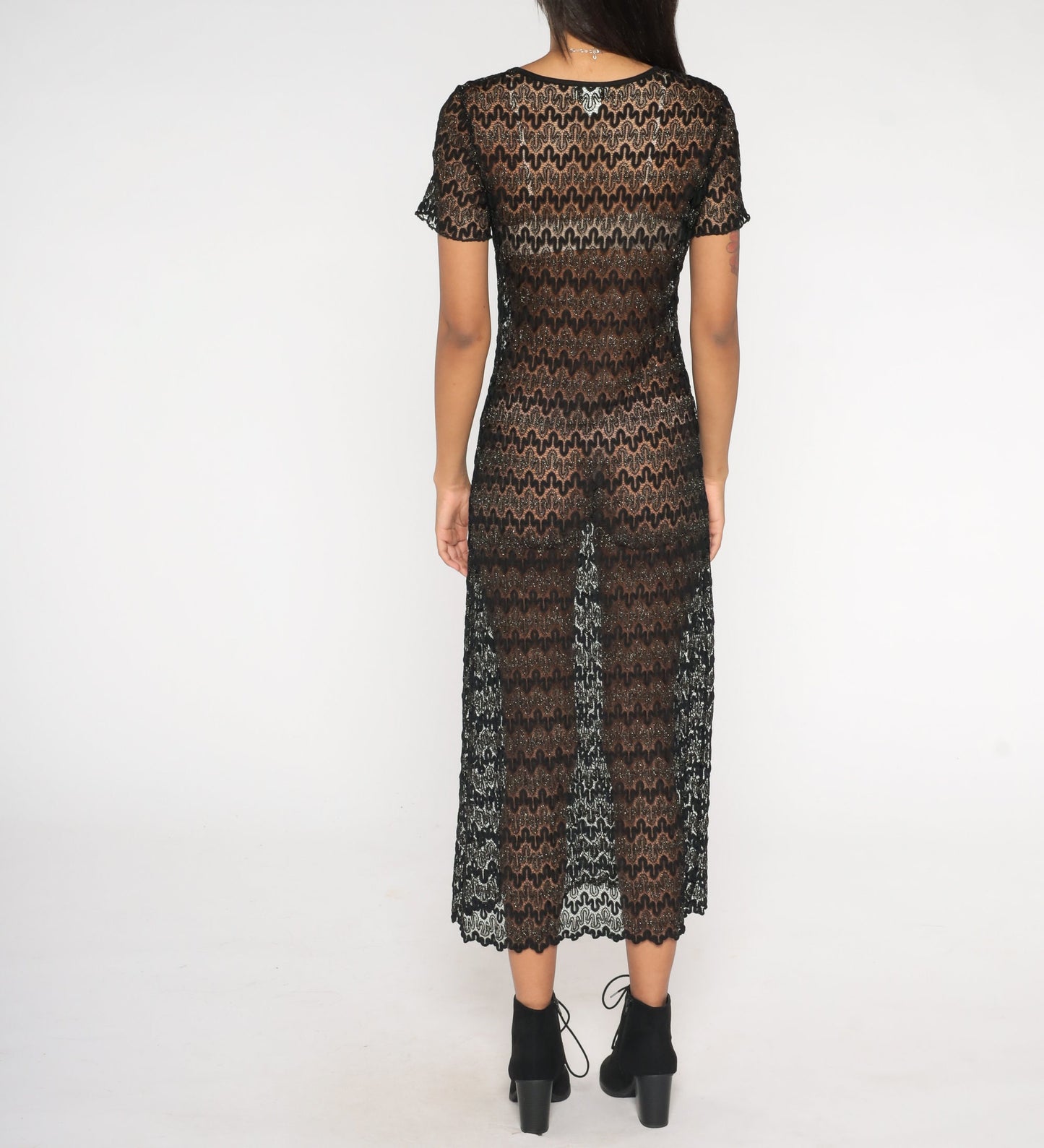 90s Black Metallic Lace Maxi Dress Short Sleeve Sheer Ankle Length Small
